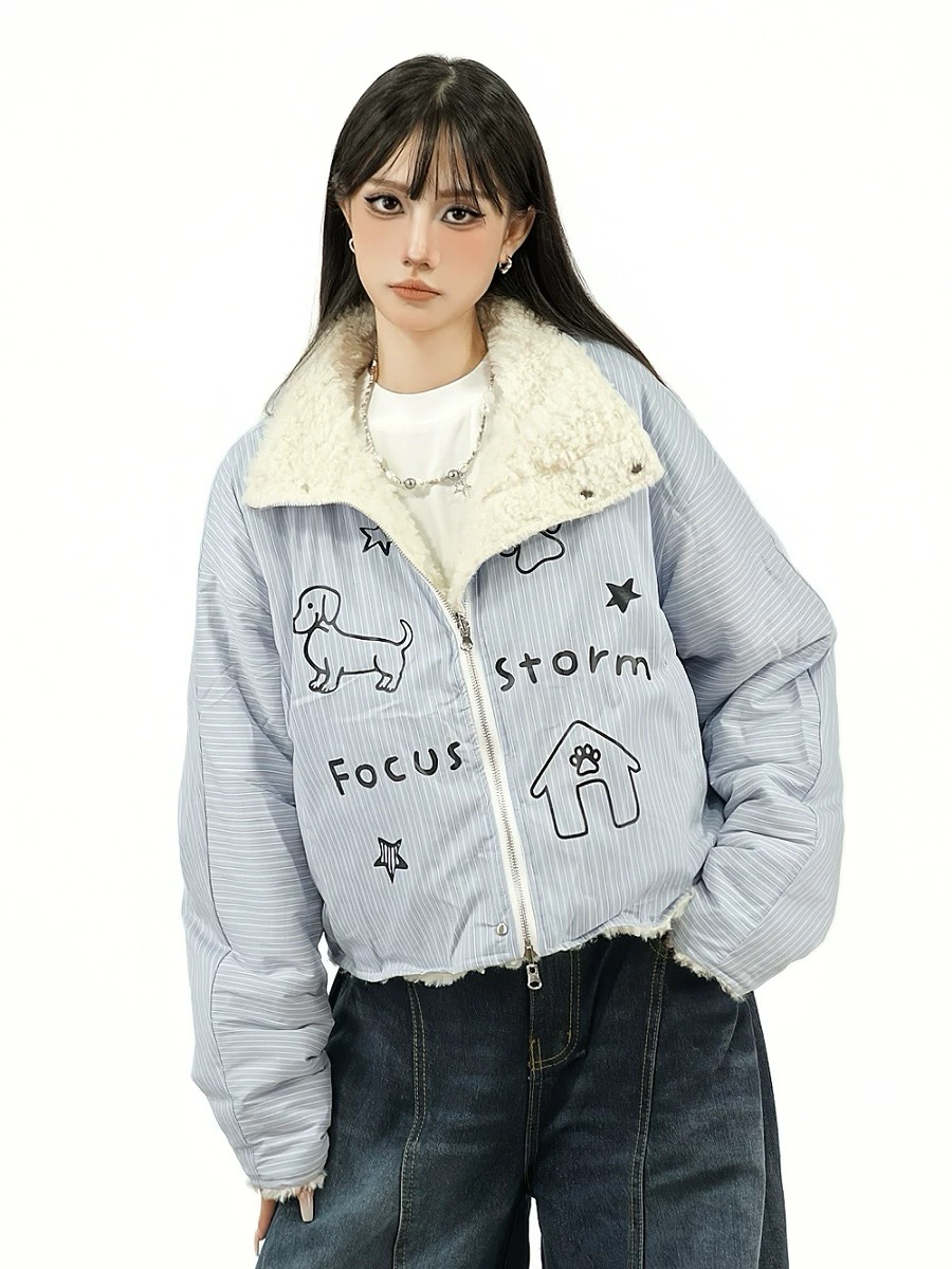 Focus Storm American Reversible Puppy Graffiti Stripe Thickened Versatile Warm Padded Jacket Coat 71006# zx - Focus Storm