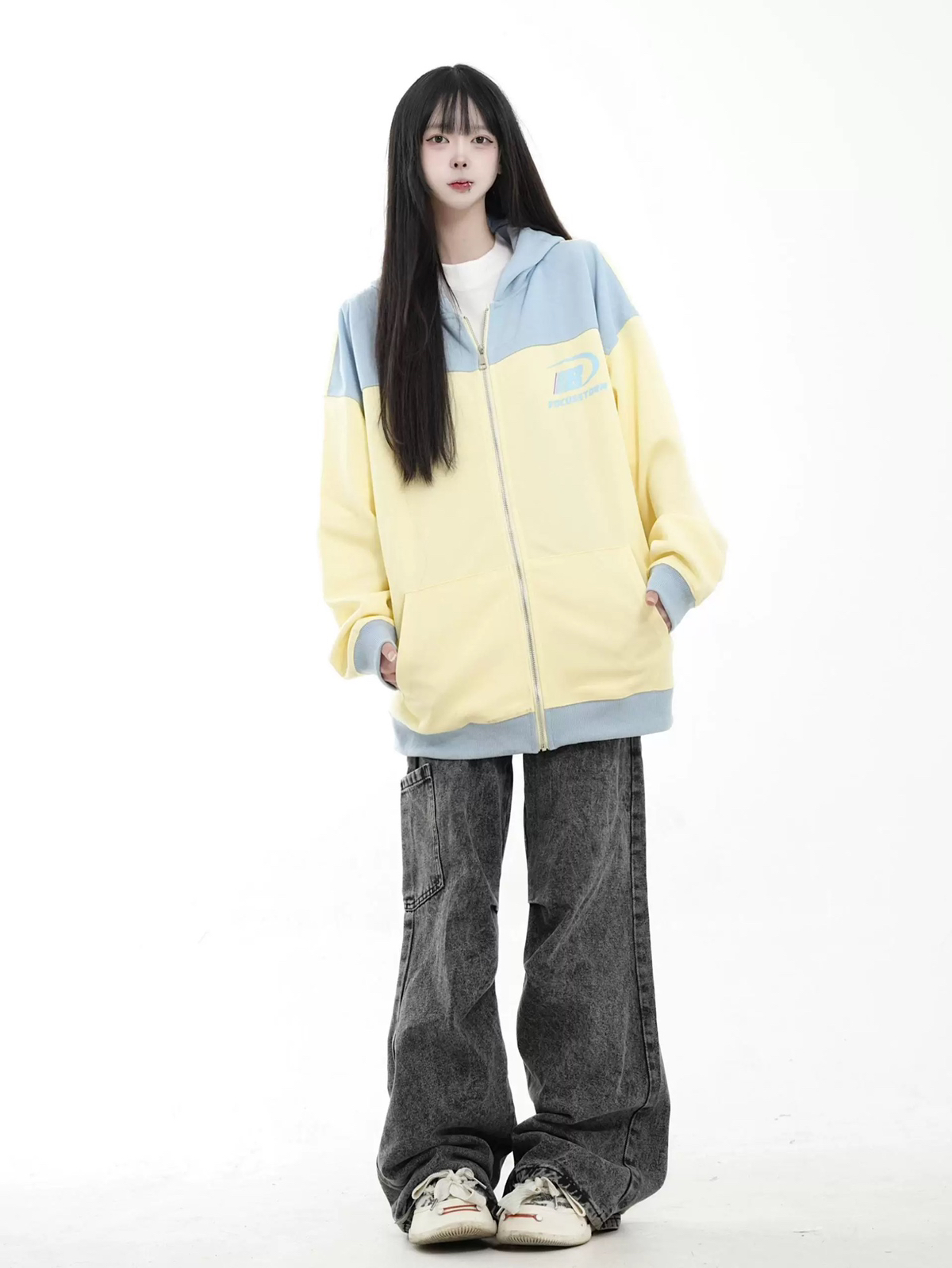 Focus Storm American Streetwear Color-Block Zip-Up Hooded Unisex Loose Sweatshirt Jacket 80196# zx - Focus Storm