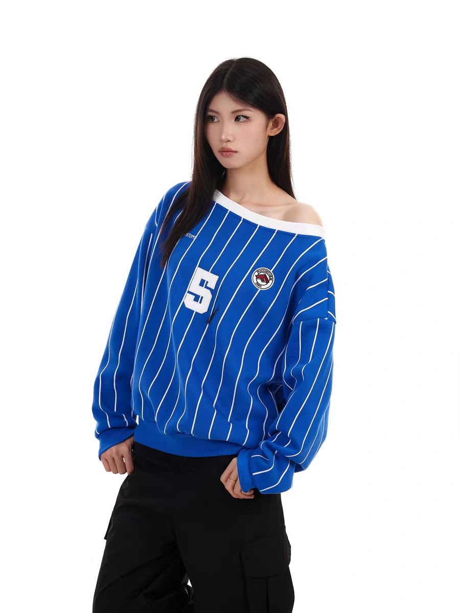 Focus Storm Guochao One-Shoulder Striped Vintage Sweatshirt 81006# zx - Focus Storm
