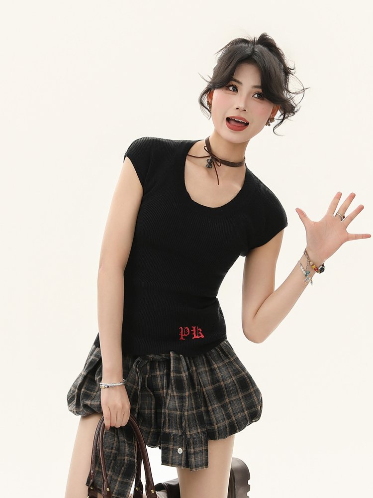 Focus Storm Letter & Heart Print American Style Spicy Girl Cropped Fitted Short Sleeve T-Shirt 61620# zx - Focus Storm