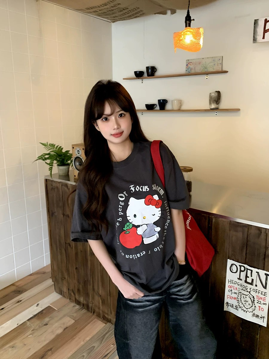 Focus Storm American Vintage Kitty Cat Print Couple Summer Loose Casual Top ins Trend Short Sleeve T-Shirt 91092# zx - Focus Storm