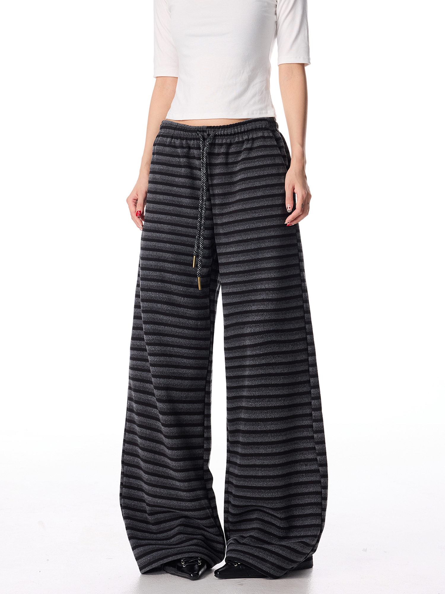 Focus Storm American Vintage Spicy Girl Striped Casual Pants Women's 2025 Autumn/Winter New Loose Drape Straight-Leg Wide-Leg Trousers R5037# zx - Focus Storm