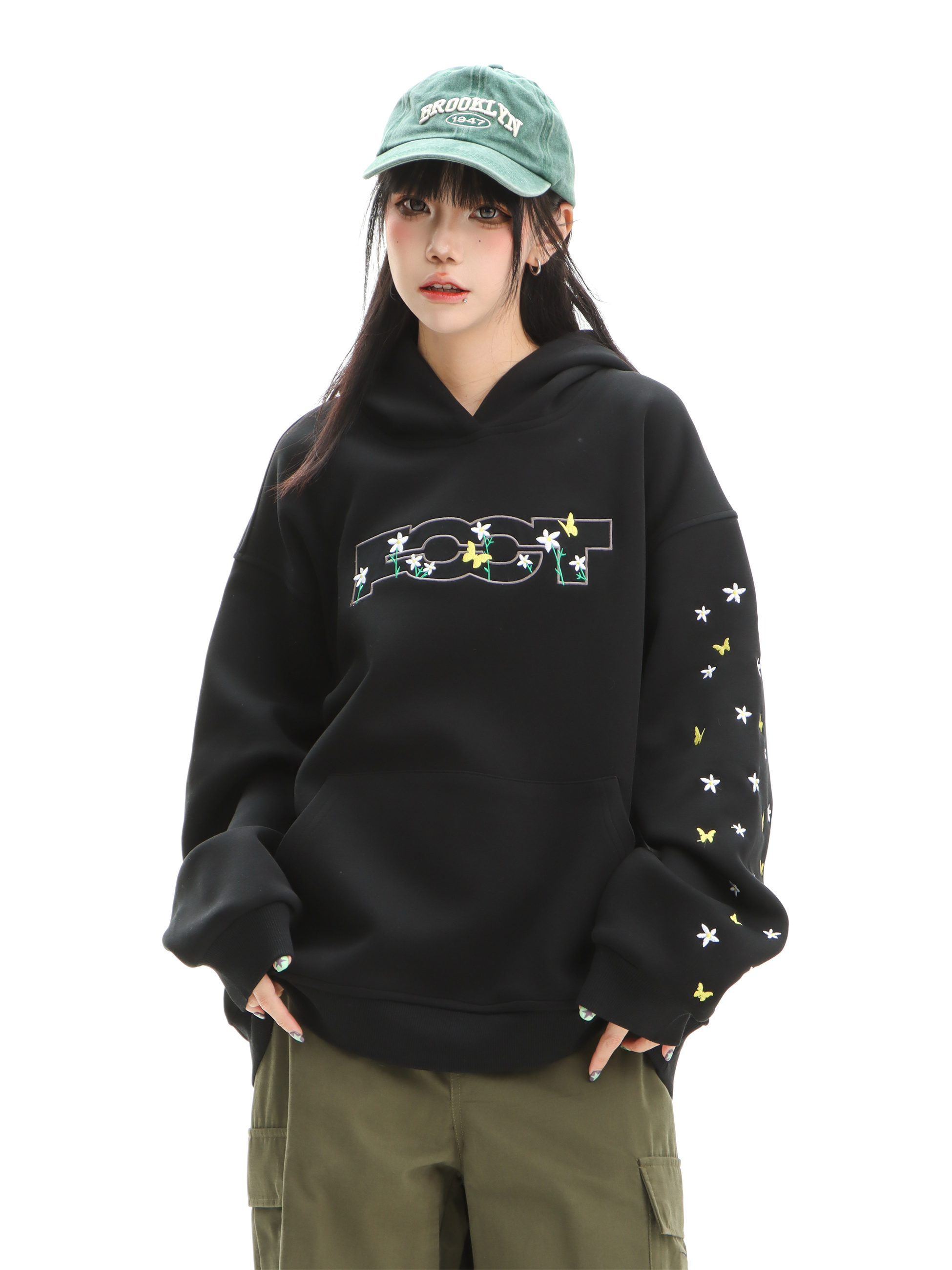 Focus Storm Fashionable Slogan and Floral Hooded Loose Unisex Sweatshirt - Casual Athletic Pullover Hoodie - 83016# zx - Focus Storm