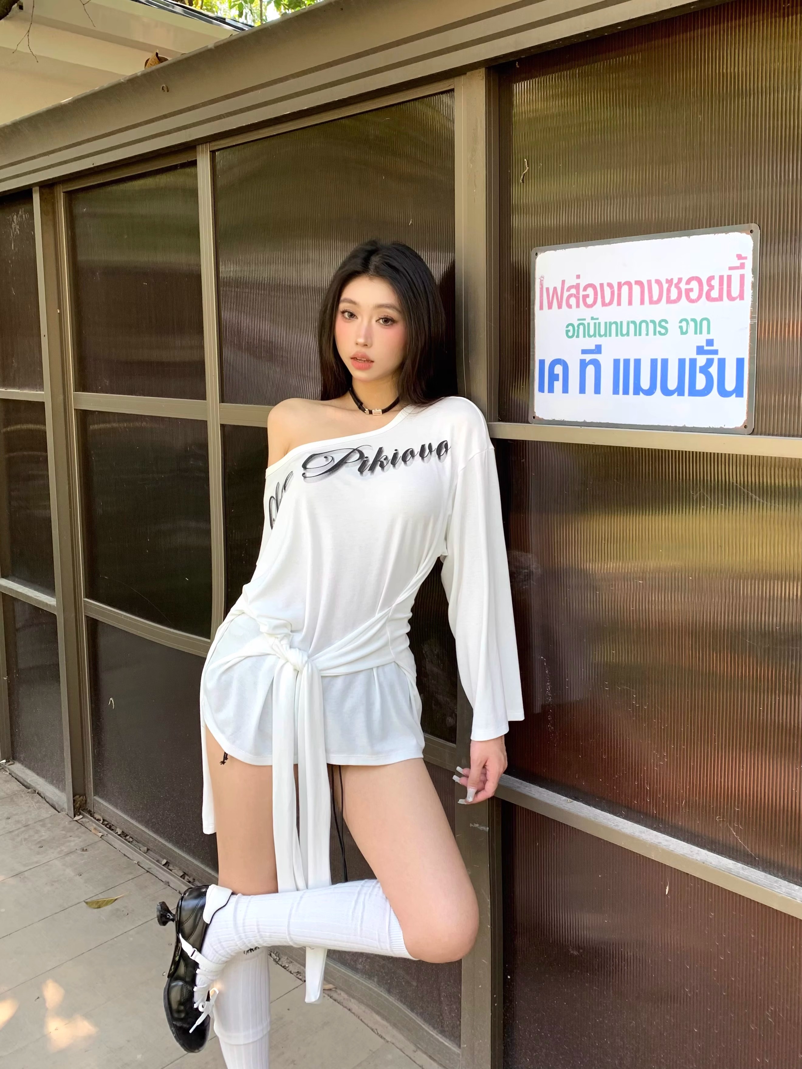 Focus Storm Thin One-Shoulder Pullover Versatile Letter Print Long Sleeve Top for Women R9061# zx - Focus Storm