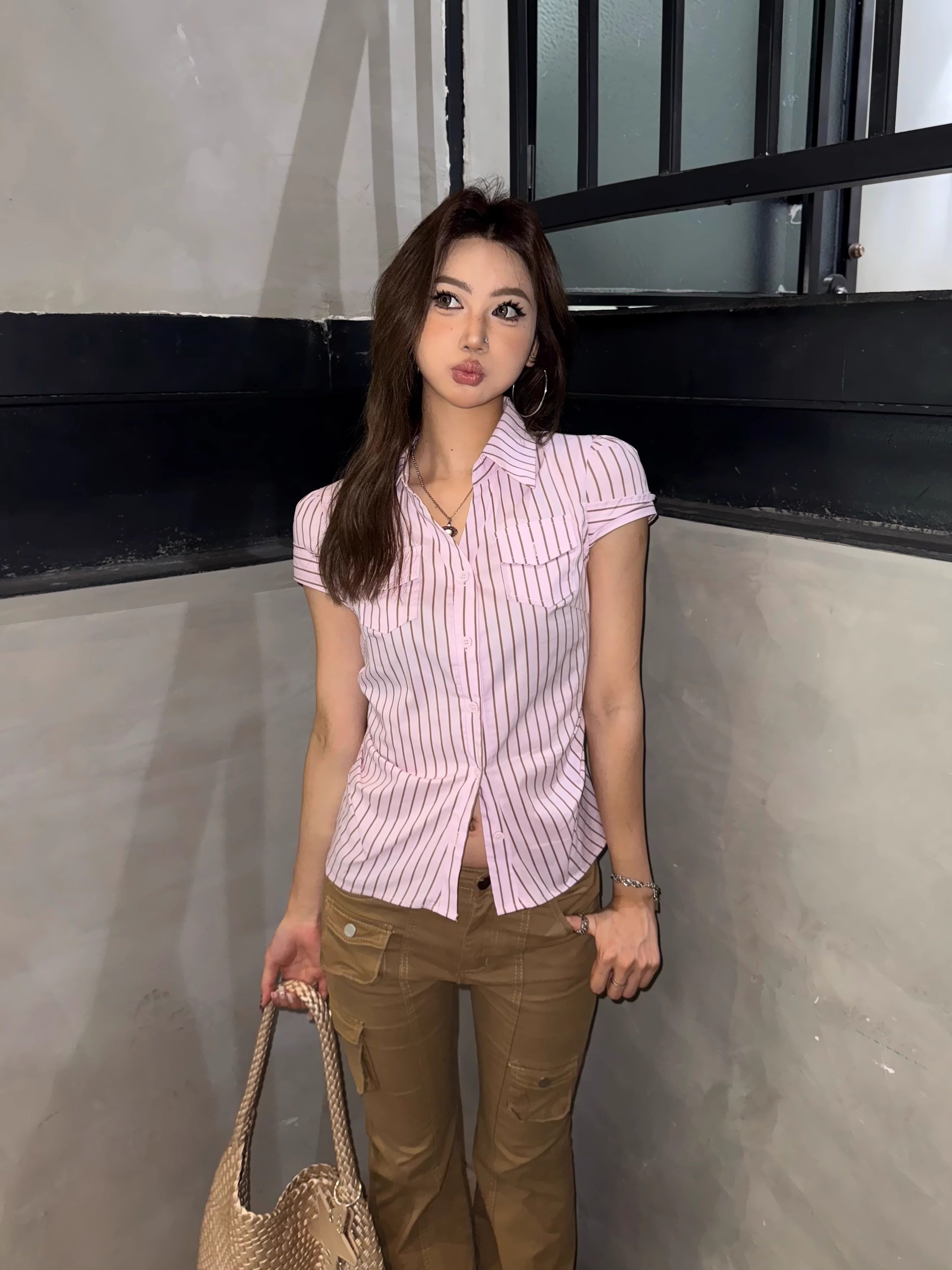 2026 Early Spring! Focus Storm American Retro Pink Striped Hot Girl Waist-Pinching Slim Fit Shirt R9111# zx - Focus Storm