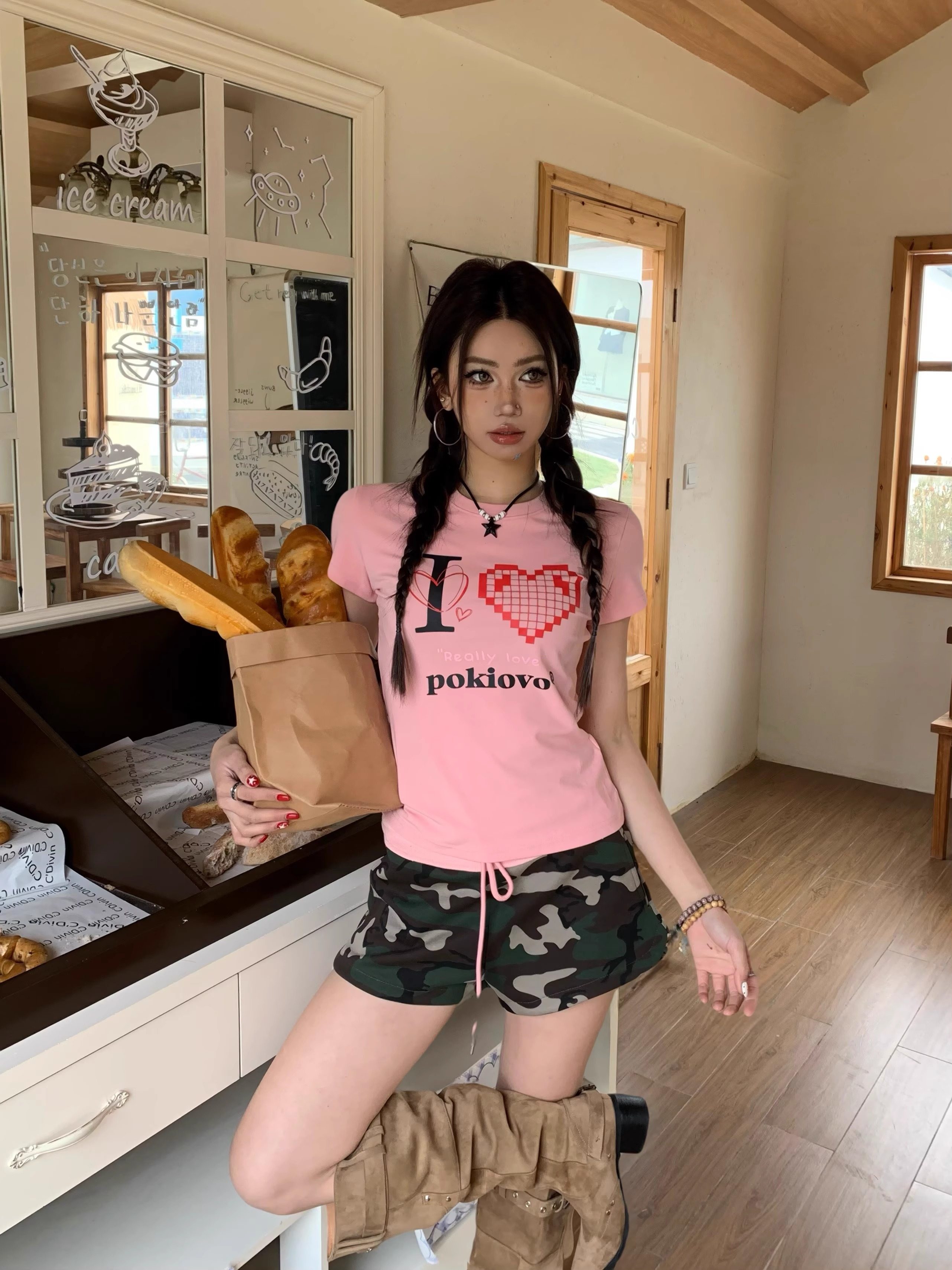 Spring 2026! Focus Storm American Street Style Regular Shoulder Heart Print Slim Fit Hot Girl Short Sleeve T-Shirt R9008Z# zx - Focus Storm