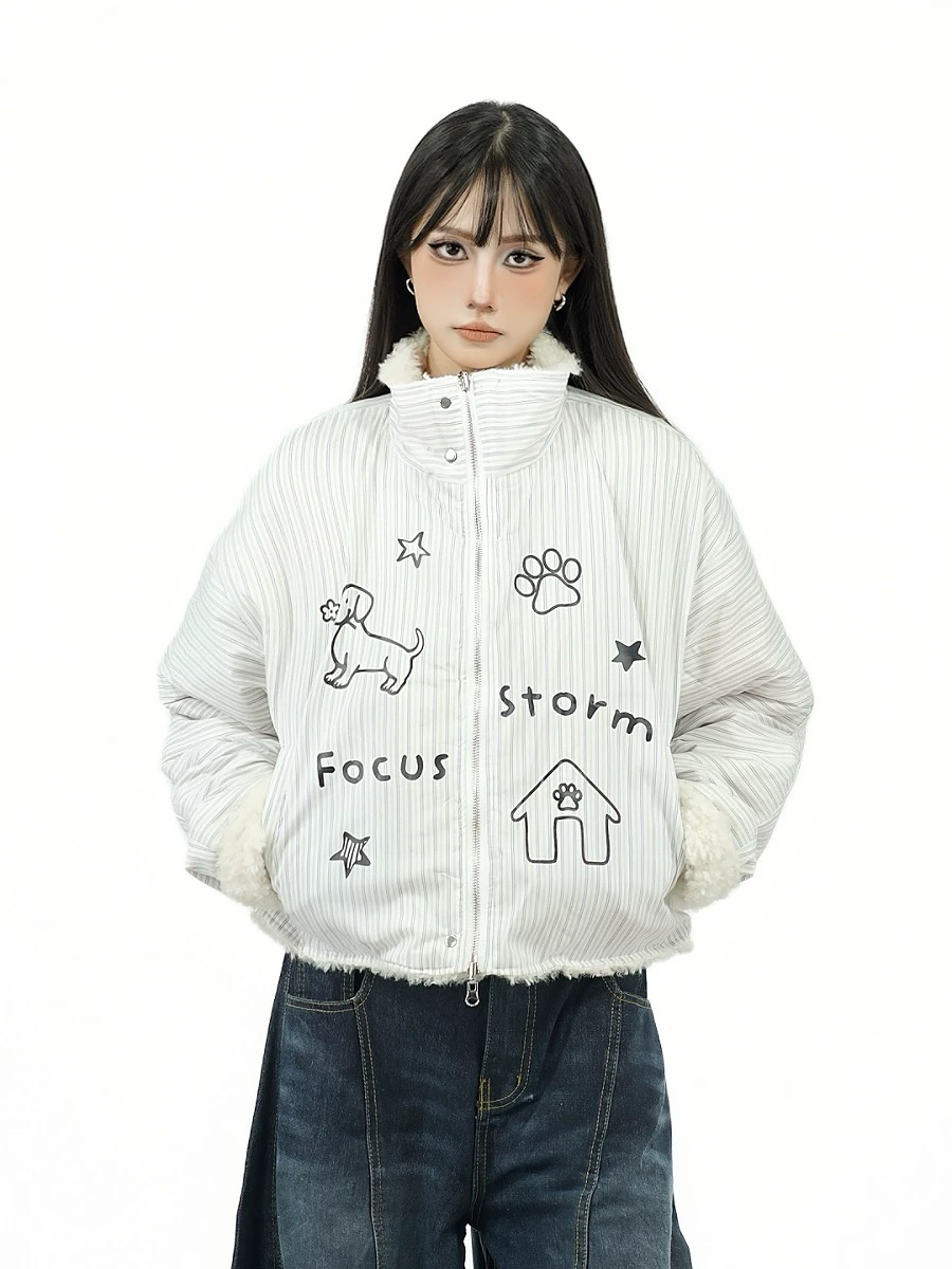 Focus Storm American Reversible Puppy Graffiti Stripe Thickened Versatile Warm Padded Jacket Coat 71006# zx - Focus Storm