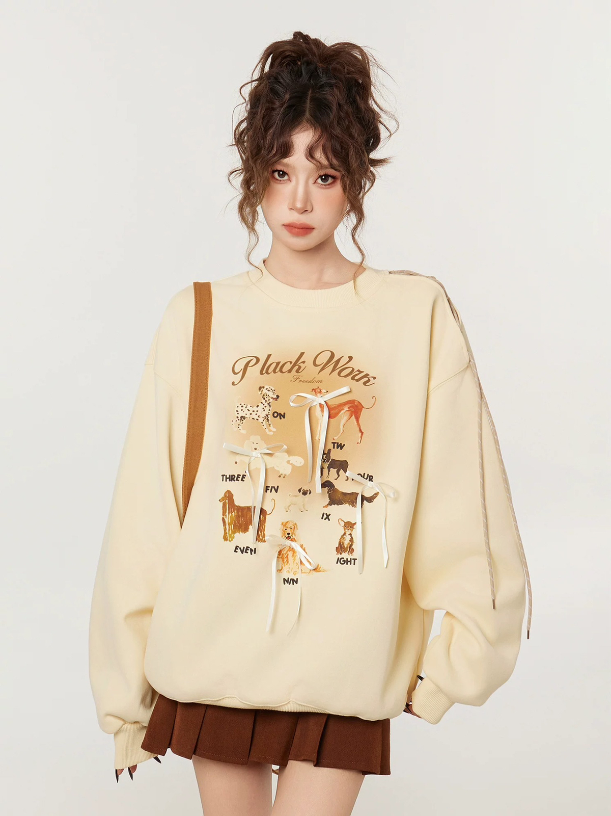 Focus Storm American Off-Shoulder Lace-Up Loose Pullover Bow-Knot Design Sweatshirt 85509# zx - Focus Storm