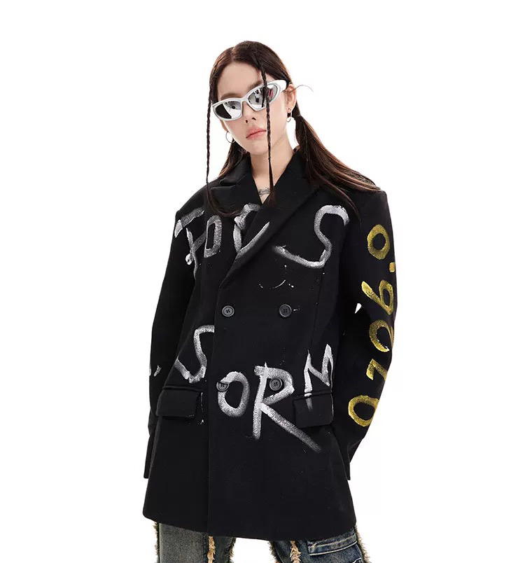 Focus Storm Trend Dopamine Design Notched Lapel Jacket Unisex American Retro Hip-Hop Graffiti Blazer 70013# zx - Focus Storm