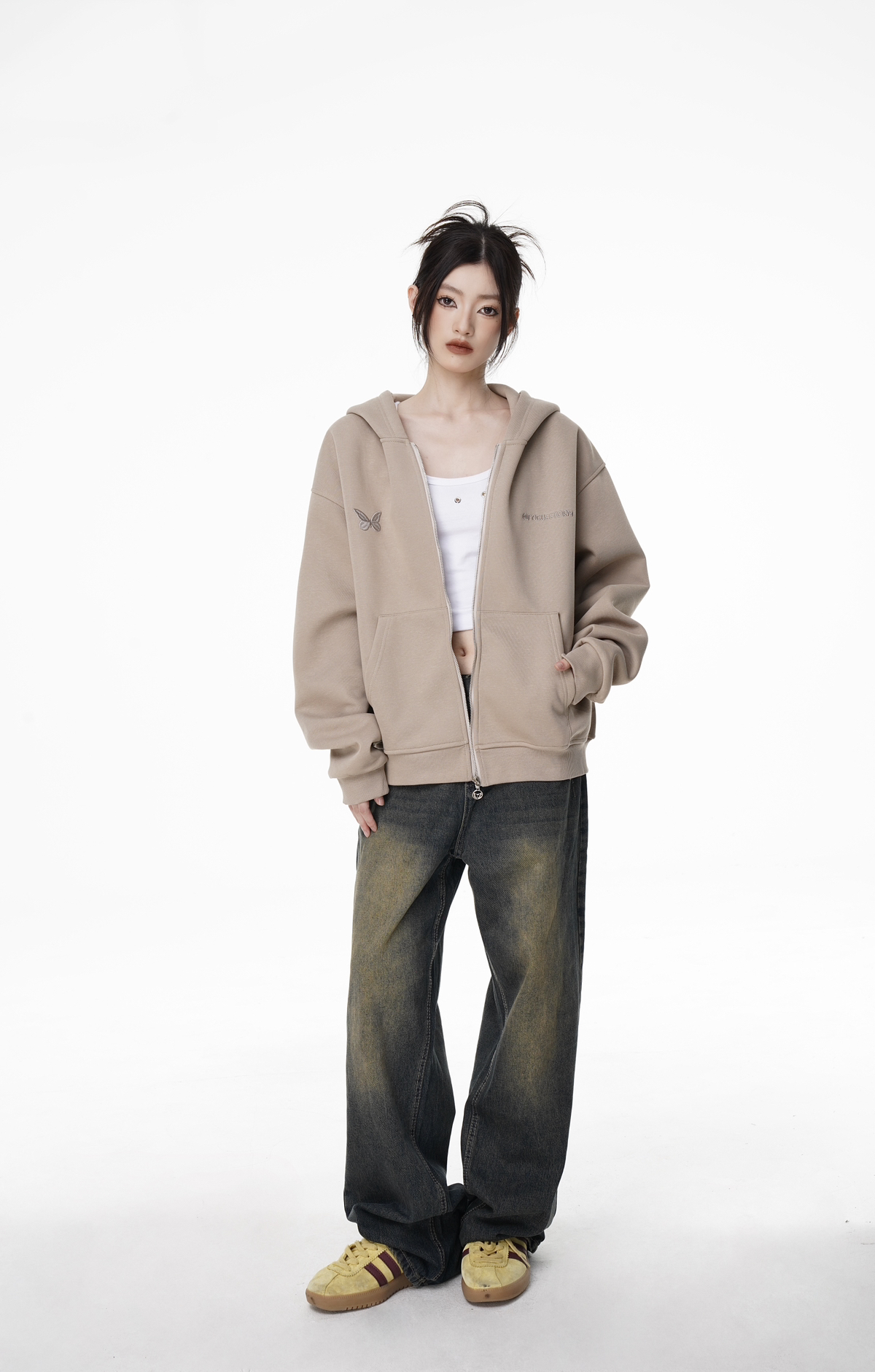 Focus Storm American Retro Butterfly Streetwear Zip-Up Hoodie 80323# zx - Focus Storm