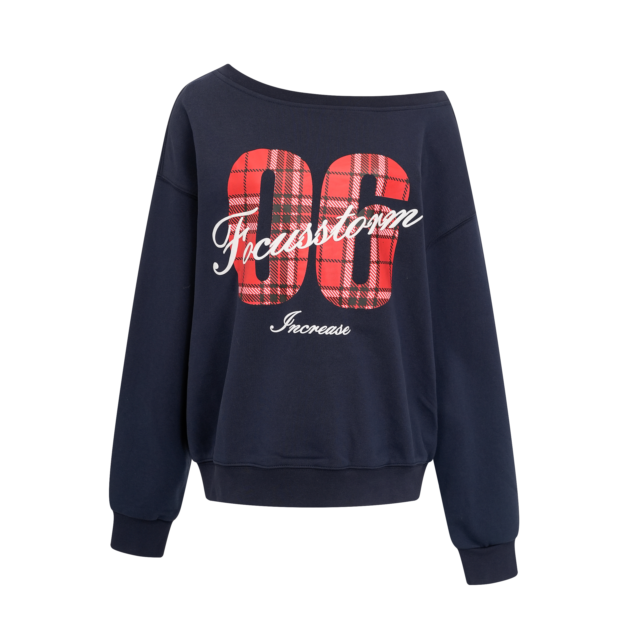 American Off-the-Shoulder Letter Print Sweatshirt Focus Storm Street Style Loose Lazy-Vibe Wide Neckline Sporty Sweatshirt R81000# zx - Focus Storm