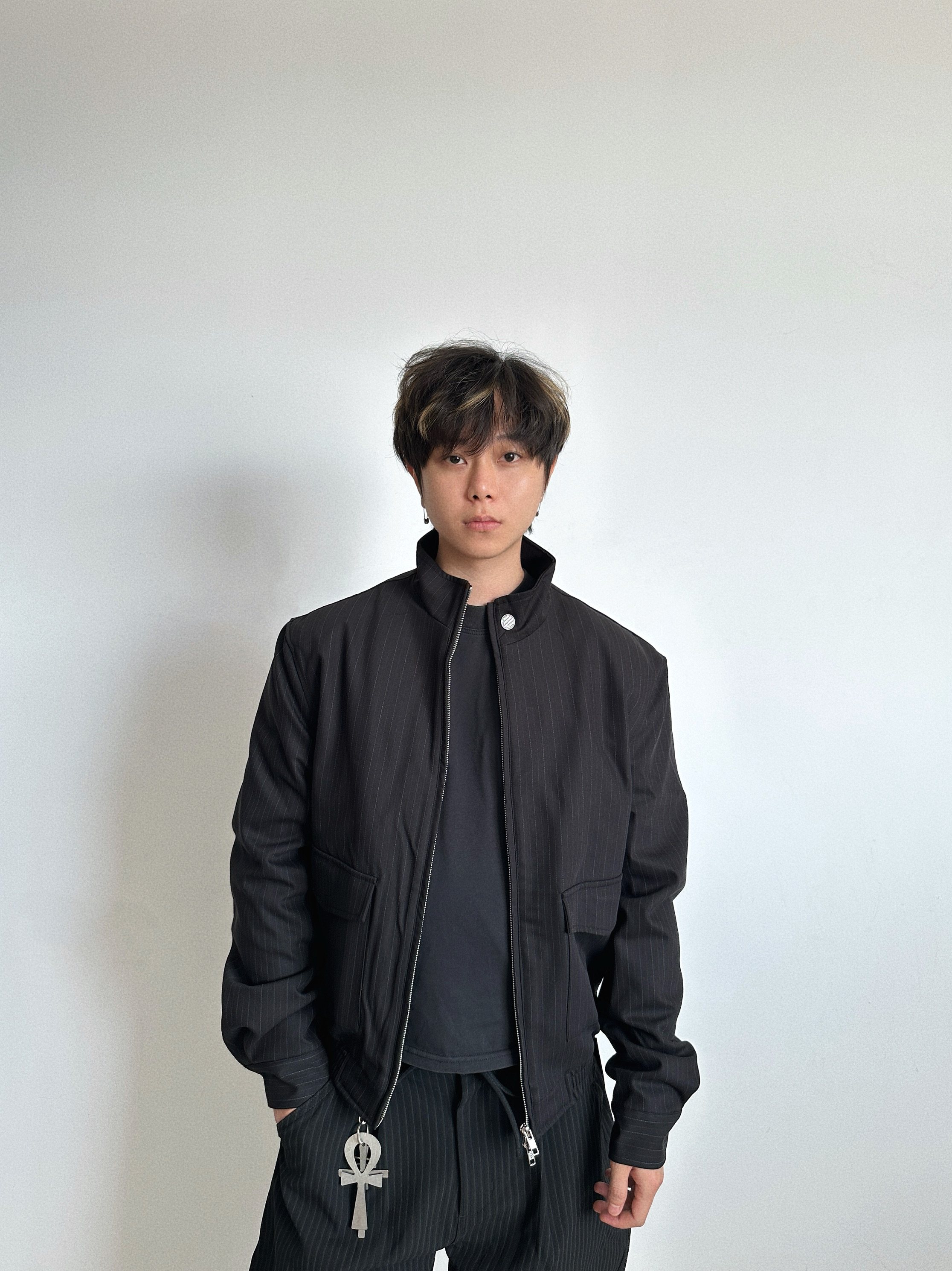 Focus Storm Vintage Striped Texture Stand Collar Casual Short Jacket 70020# zx - Focus Storm