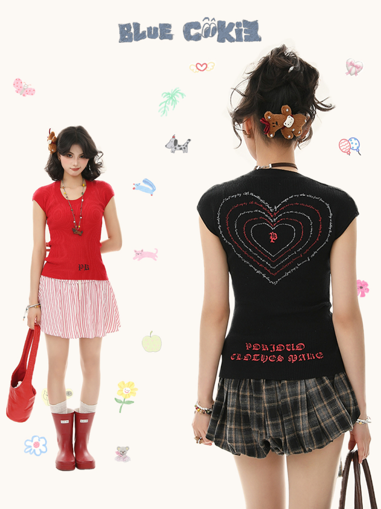 Focus Storm Letter & Heart Print American Style Spicy Girl Cropped Fitted Short Sleeve T-Shirt 61620# zx - Focus Storm