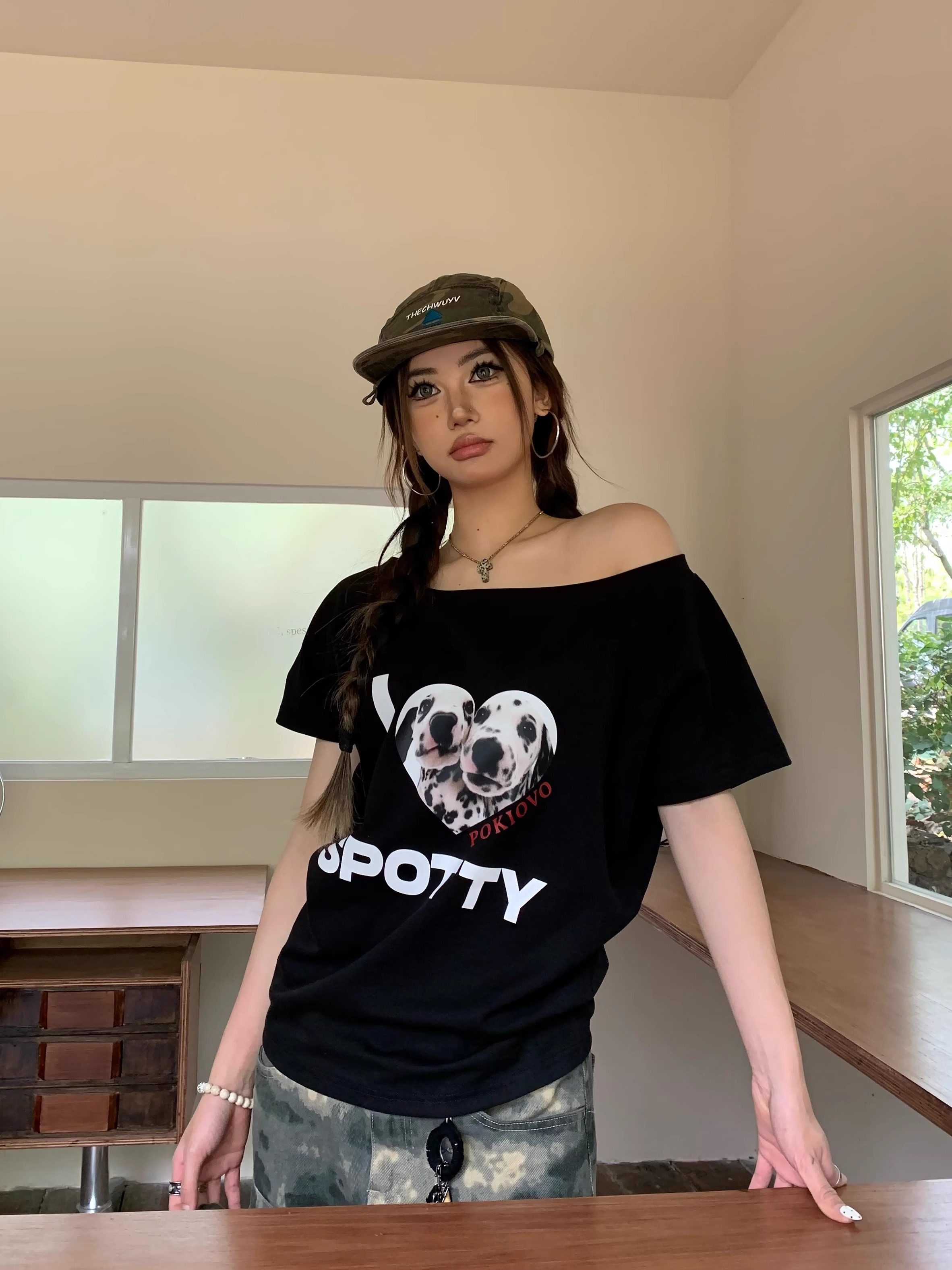 Spring 2026! Focus Storm American Retro Dalmatian One-Shoulder Hot Girl Versatile Short Sleeve T-Shirt R9082# zx - Focus Storm