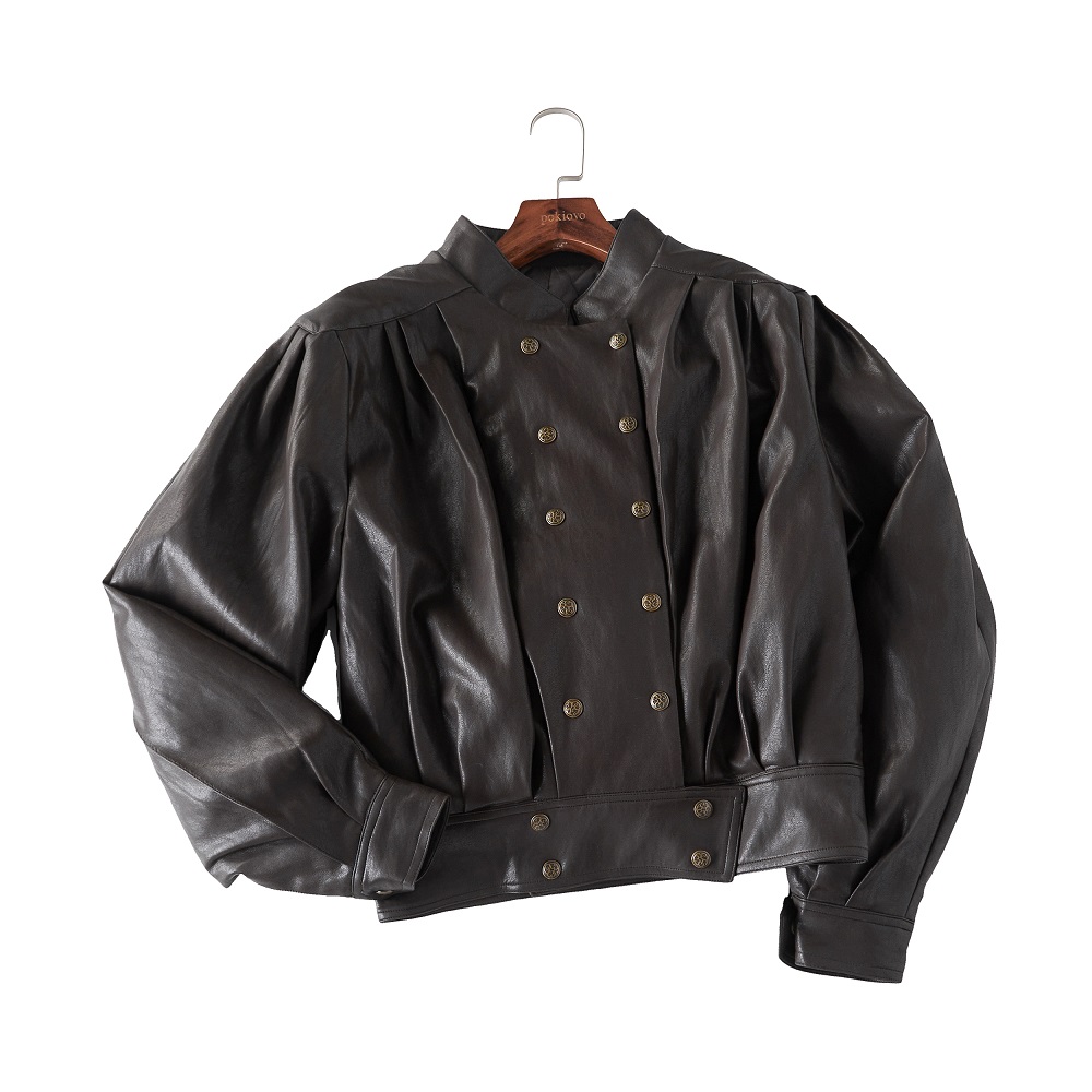 Focus Storm American Style PU Women's Winter Double-Breasted Vintage Quilted Leather Jacket Baseball Uniform Top R7070# zx - Focus Storm