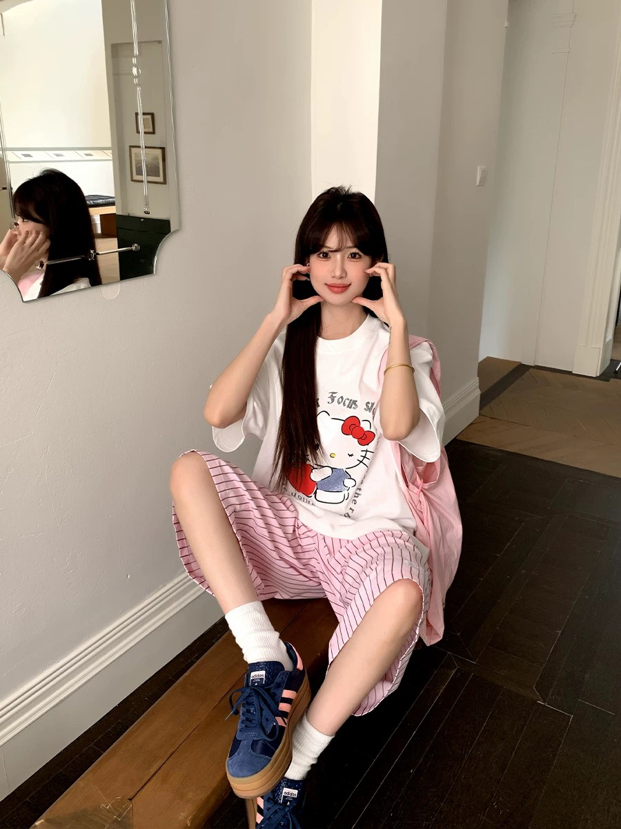 Focus Storm American Vintage Kitty Cat Print Couple Summer Loose Casual Top ins Trend Short Sleeve T-Shirt 91092# zx - Focus Storm