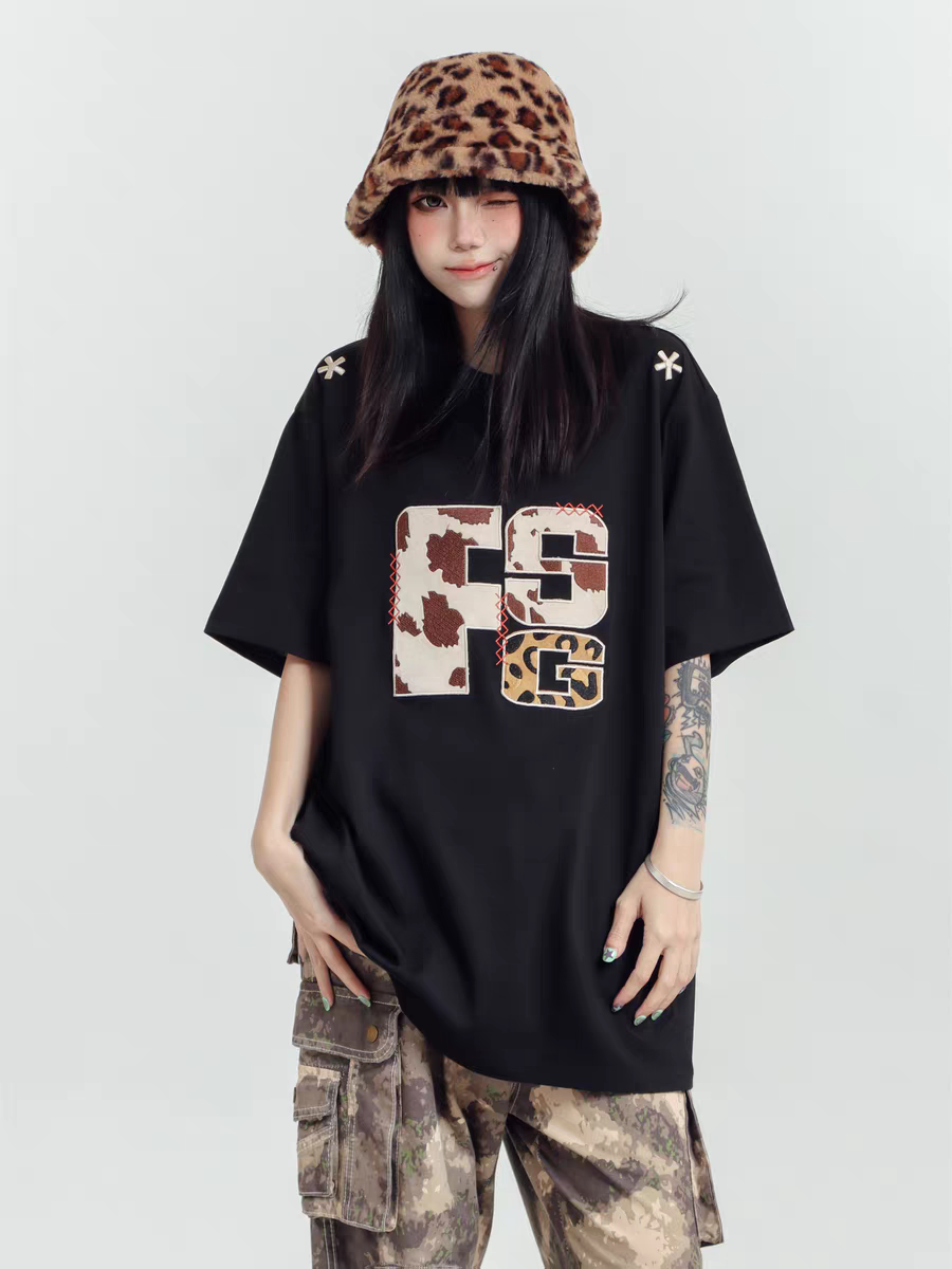 Focus Storm American High Street Embroidered Letter Loose Fit Couple's Short-Sleeve T-Shirt 91093# zx - Focus Storm