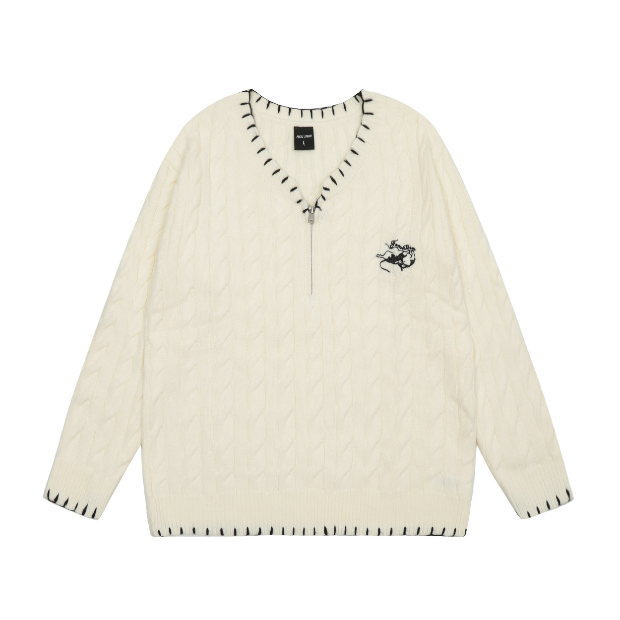 Focus Storm Preppy Style Embroidered Loose V-Neck Warm Sweater 61023# zx - Focus Storm