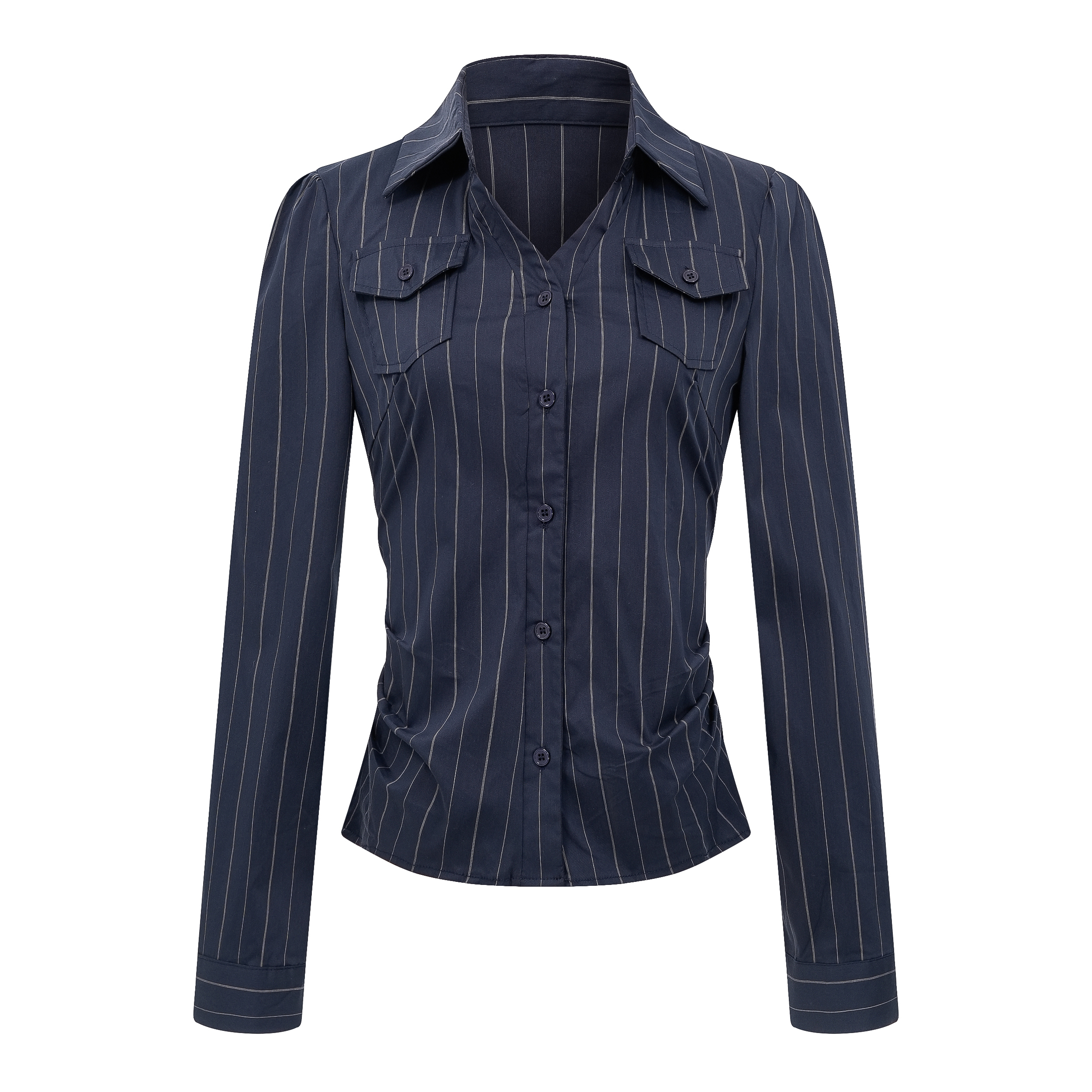 Focus Storm American Style Striped Fitted Shoulder Pleated Waist Versatile Design Shirt R7012# zx - Focus Storm