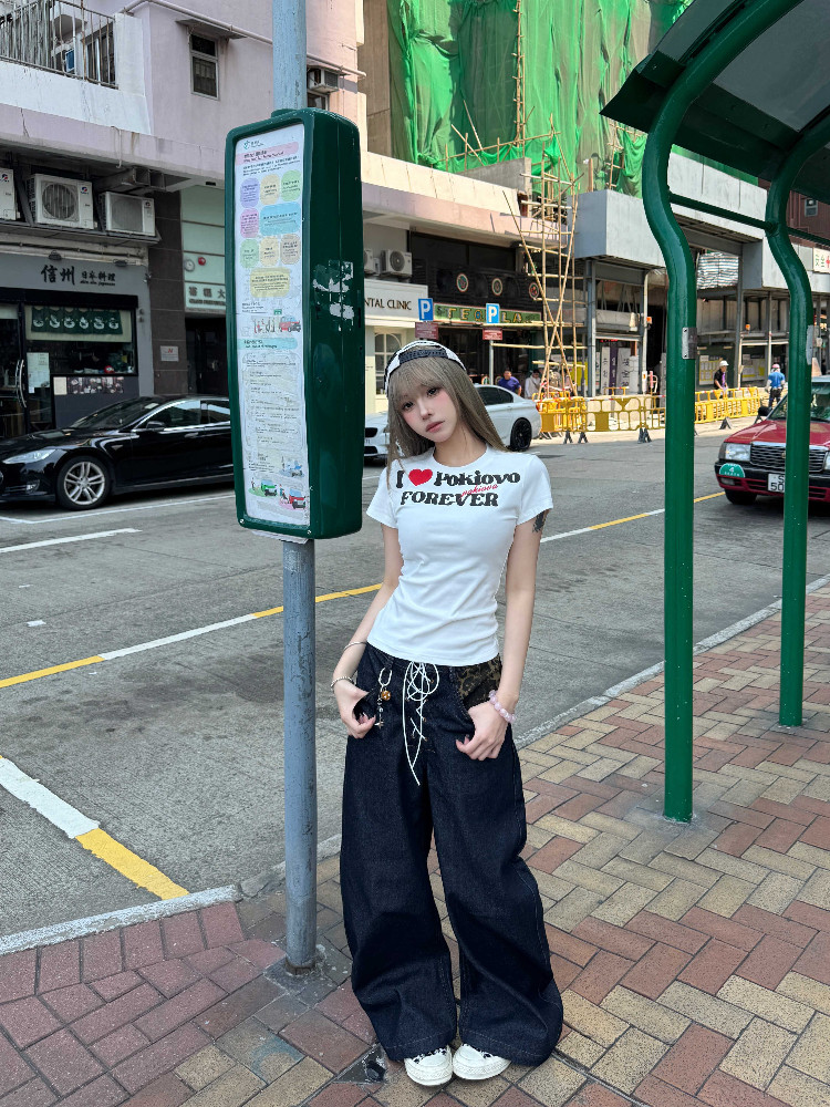 Focus Storm Heart Slogan Print Slim Fit Waist-Defining Cropped T-Shirt Summer Short Sleeve Top R9010# zx - Focus Storm