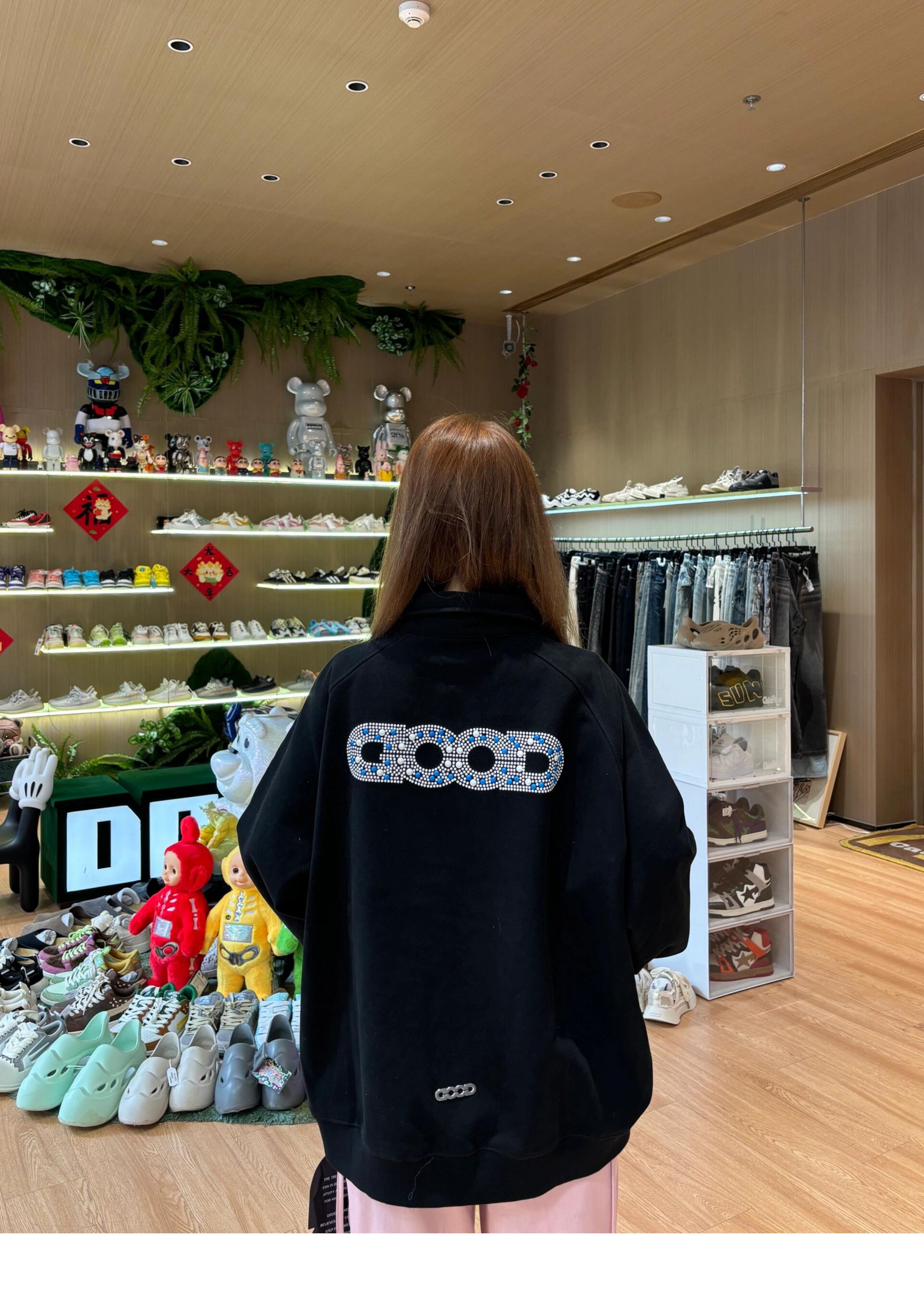 Focus Storm Pearl Rhinestone H-Shape Polo Collar Long Sleeve Loose Pullover Sweatshirt - Couple's Style 83014# zx - Focus Storm