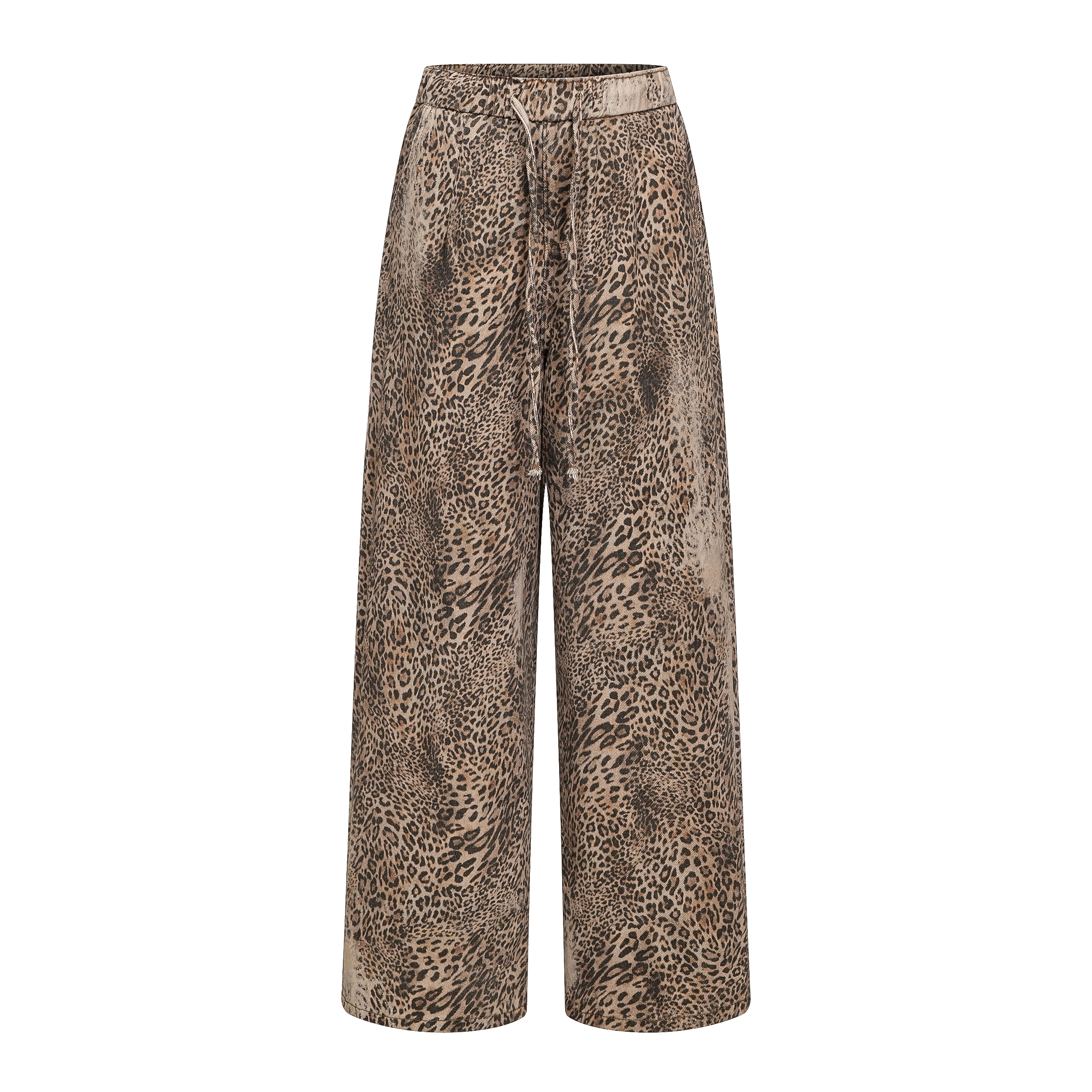 Focus Storm American Retro Leopard Print Wide-Leg Drawstring Cargo Pants Women's Designer Large Pocket Casual Trousers Denim Jeans R5026# zx - Focus Storm