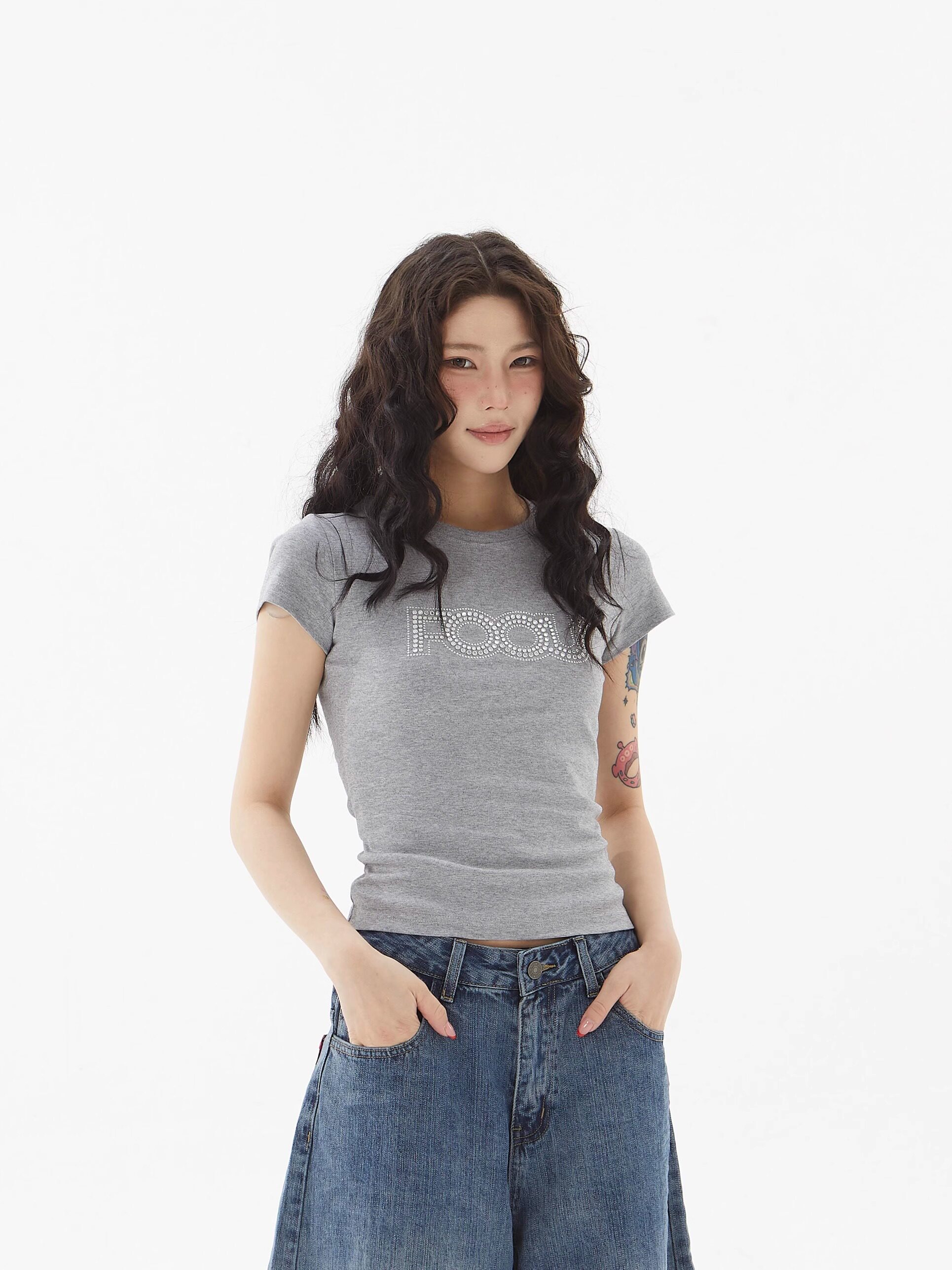 Focus Storm American Style Hot-fix Rhinestone Beaded Letter Slim Fit Women's Summer Slimming Spice Girl Top Short Sleeve T-Shirt 91085# zx - Focus Storm