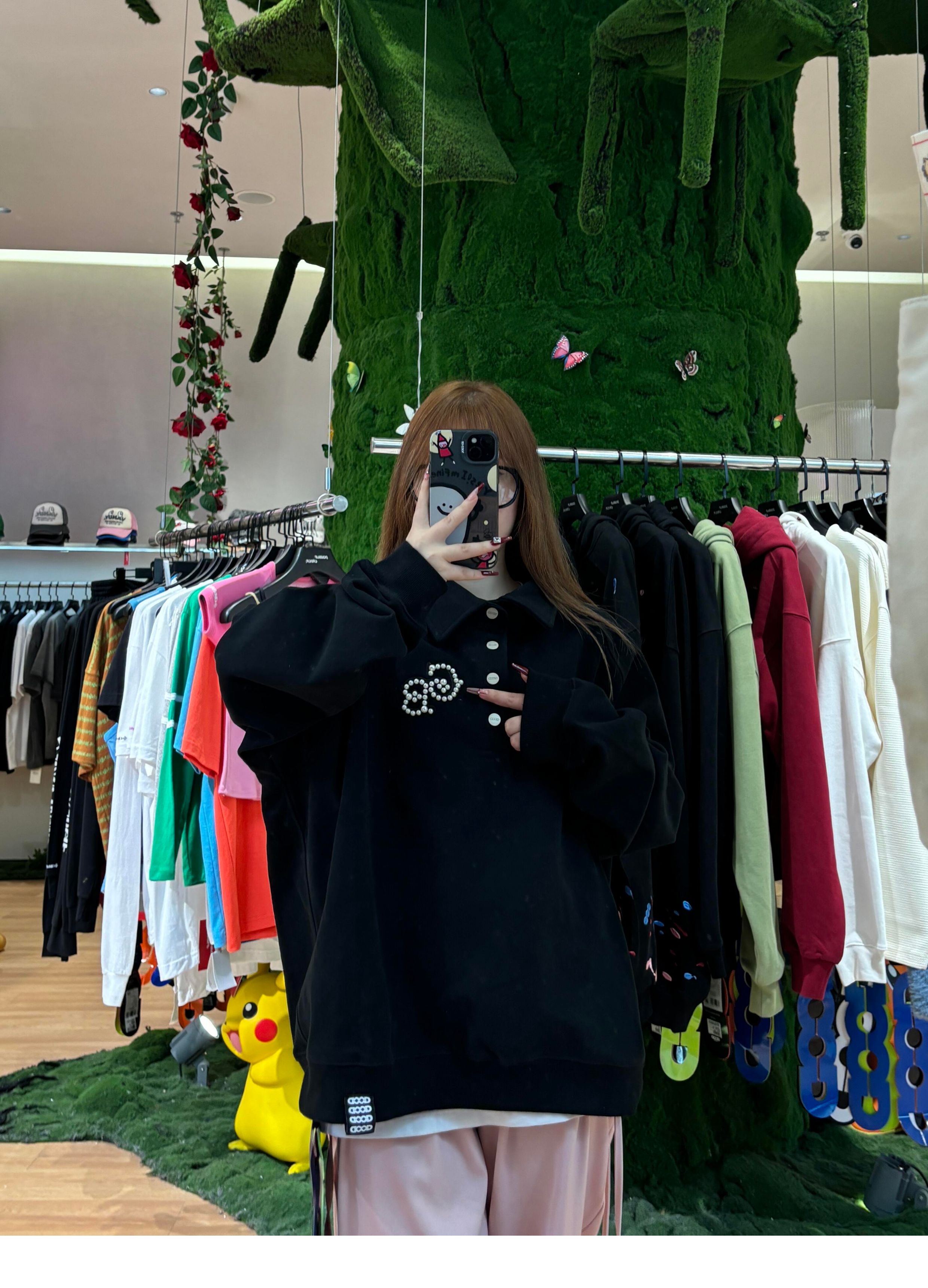 Focus Storm Pearl Rhinestone H-Shape Polo Collar Long Sleeve Loose Pullover Sweatshirt - Couple's Style 83014# zx - Focus Storm