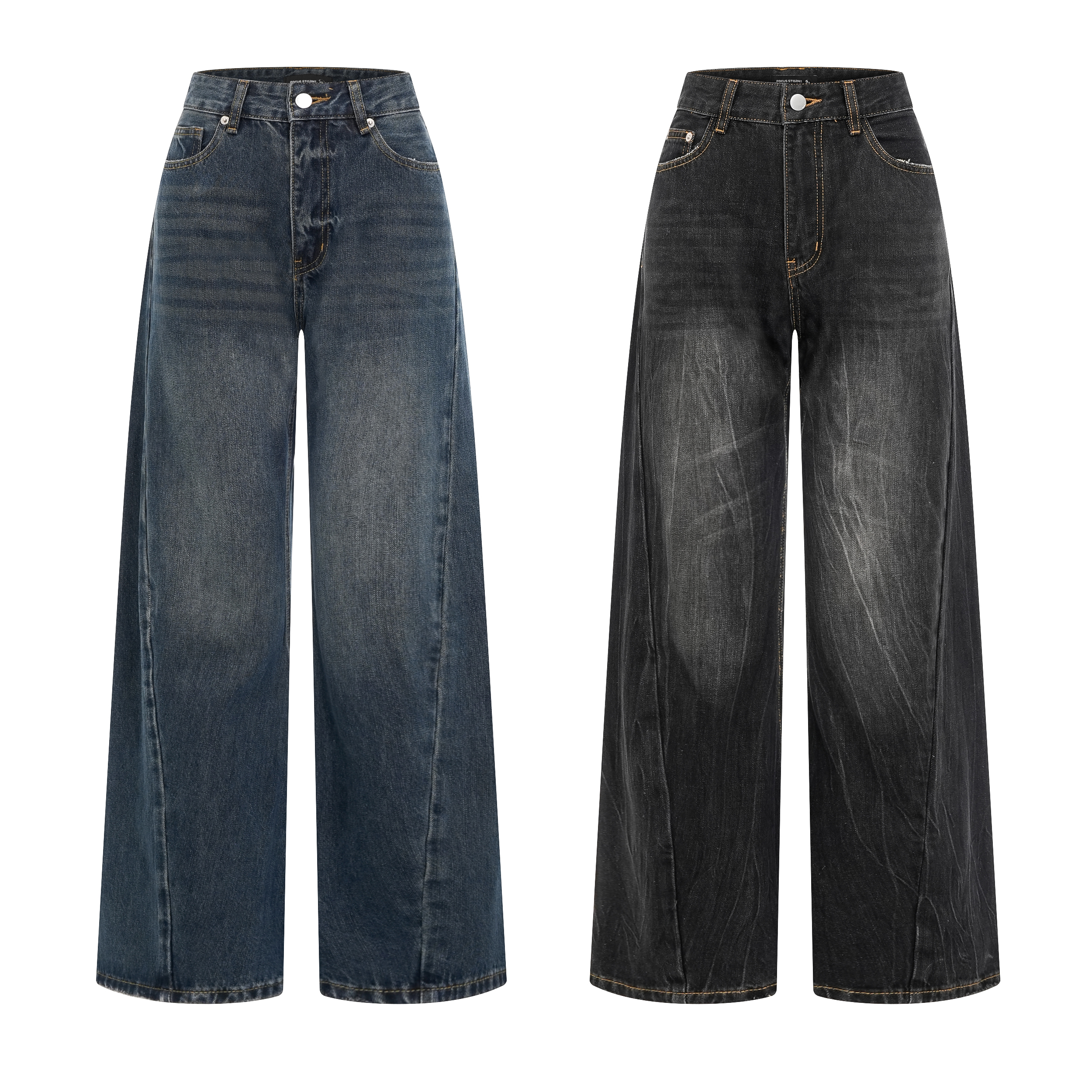 Early Spring 2026! Focus Storm American Vintage Distressed Washed Curved-Leg Unisex Loose Straight Wide-Leg Casual Jeans 59991# zx - Focus Storm