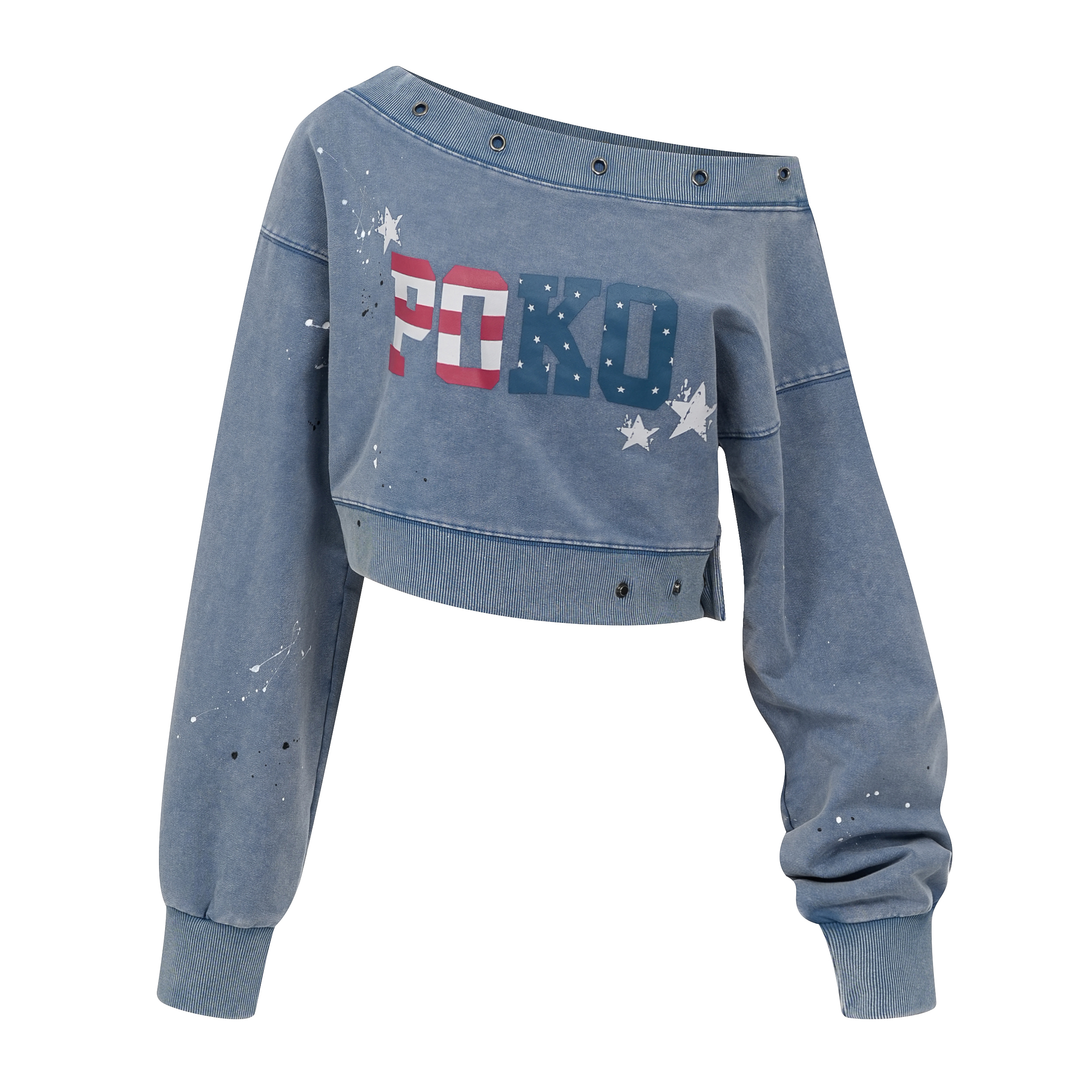 Focus Storm American Retro Spice Girl Short Cropped Slimming One-Shoulder Design Letter Reversible Sweatshirt R8003# zx - Focus Storm