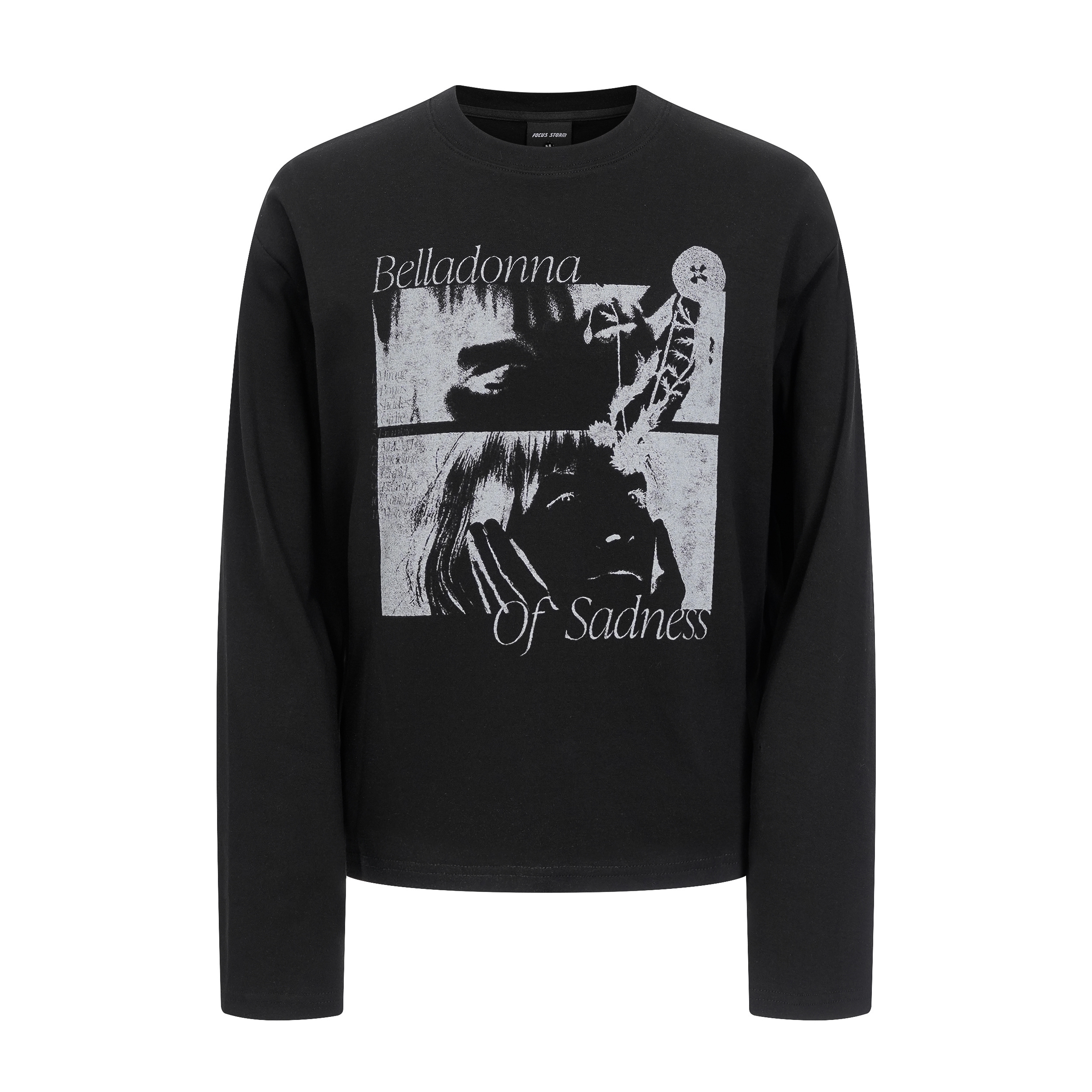 Early  Focus Storm American Hip-Hop Streetwear Character Digital White Ink Direct Injection Loose Crew Neck Long Sleeve T-Shirt 99997# zx - Focus Storm