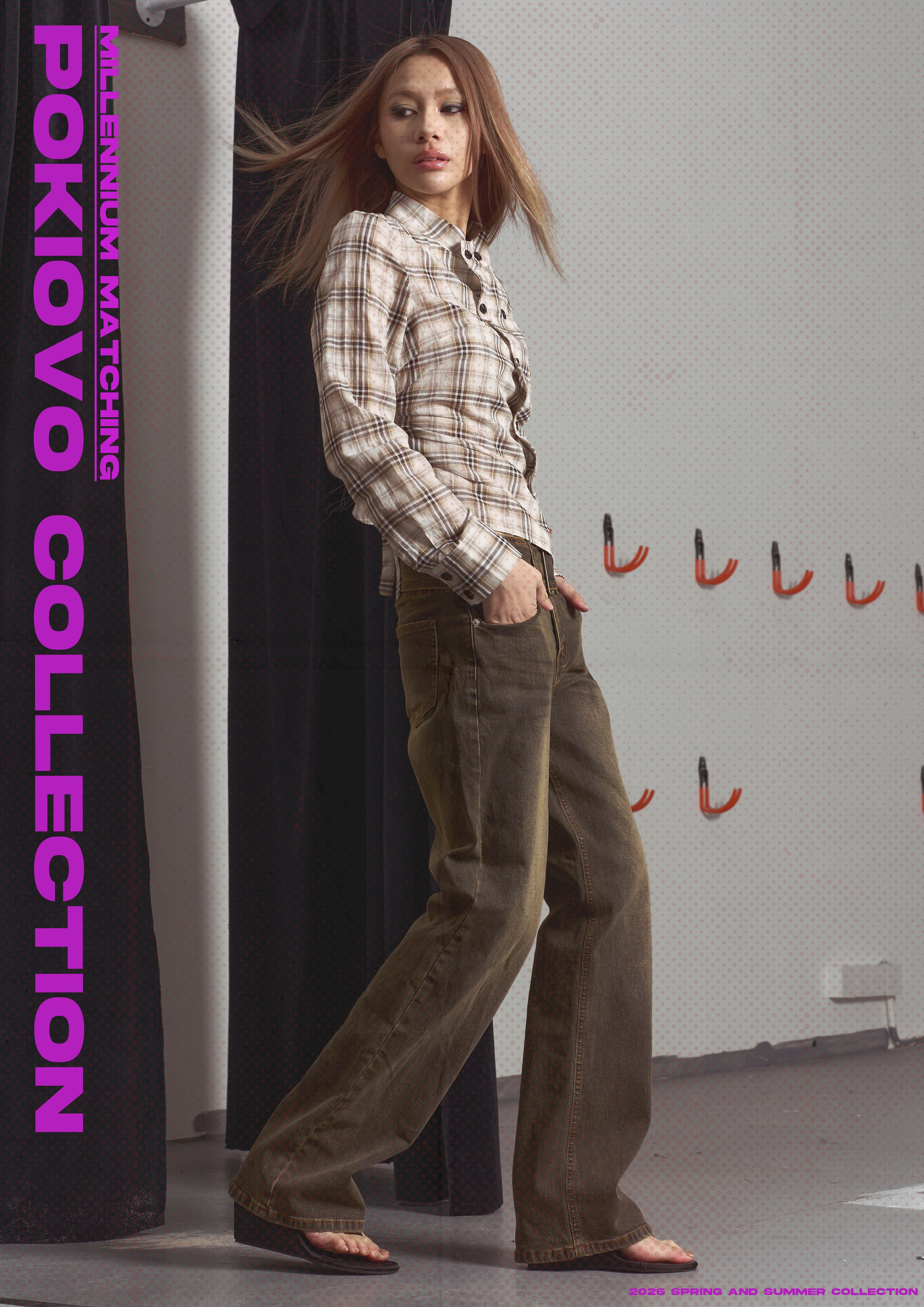 Early Spring 2026! Focus Storm Plaid Double-Breasted Stand Collar Tie-Front Shirt R7106# zx - Focus Storm