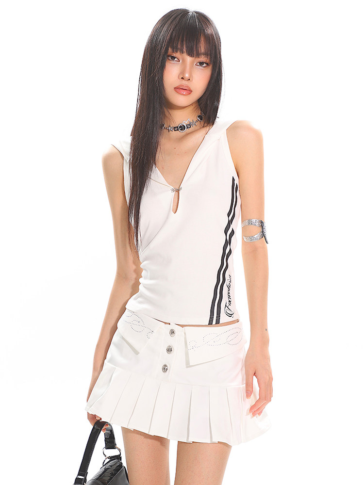 Focus Storm Cat-Ear Striped Athletic Hooded Vintage Camisole - Sexy Hot Girl Waist-Cinching Slim Fit Crop Top Vest 91037# zx - Focus Storm