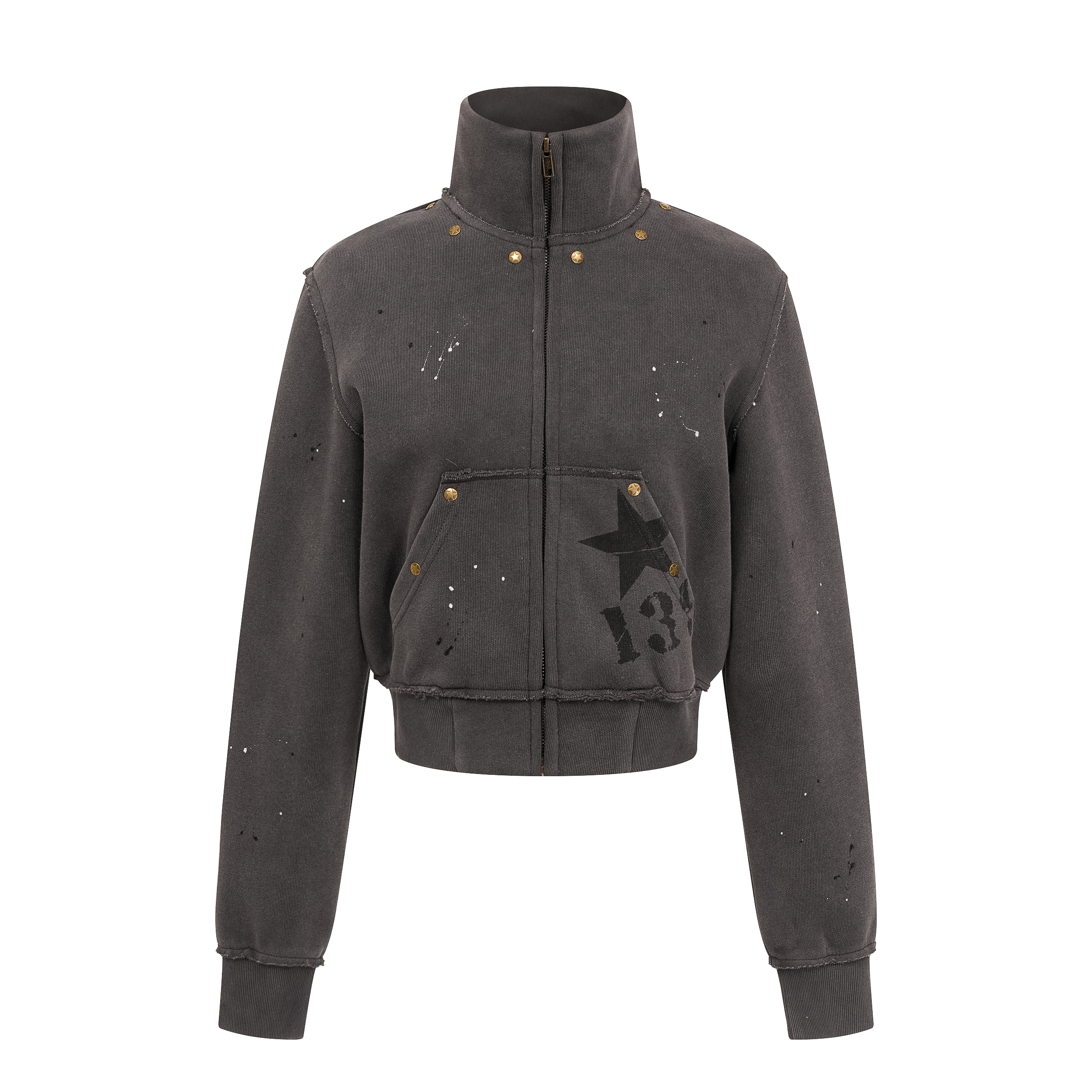 Focus Storm American Retro Rivet Distressed Splatter Ink Hot Girl Stand Collar Short Casual Sweatshirt Jacket R8001# zx - Focus Storm