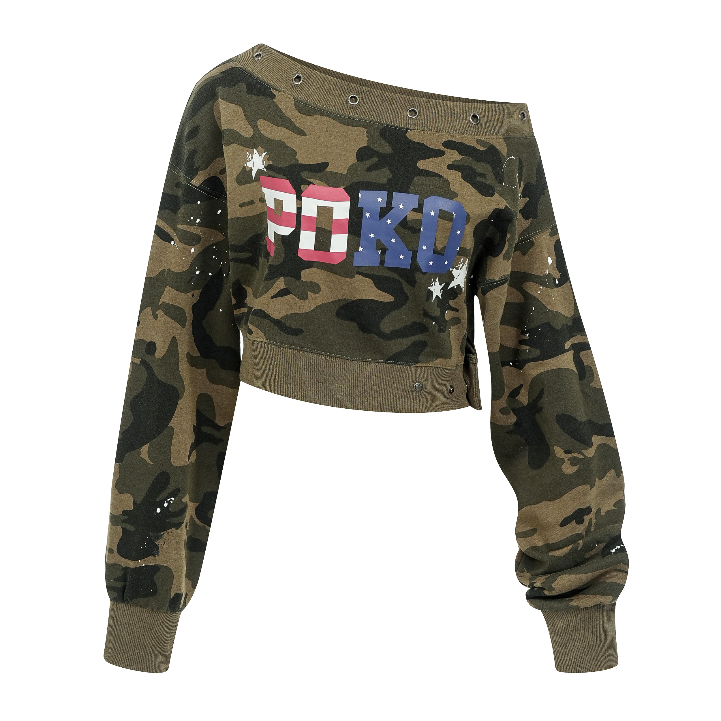 Focus Storm American Retro Spice Girl Short Cropped Slimming One-Shoulder Design Letter Reversible Sweatshirt R8003# zx - Focus Storm