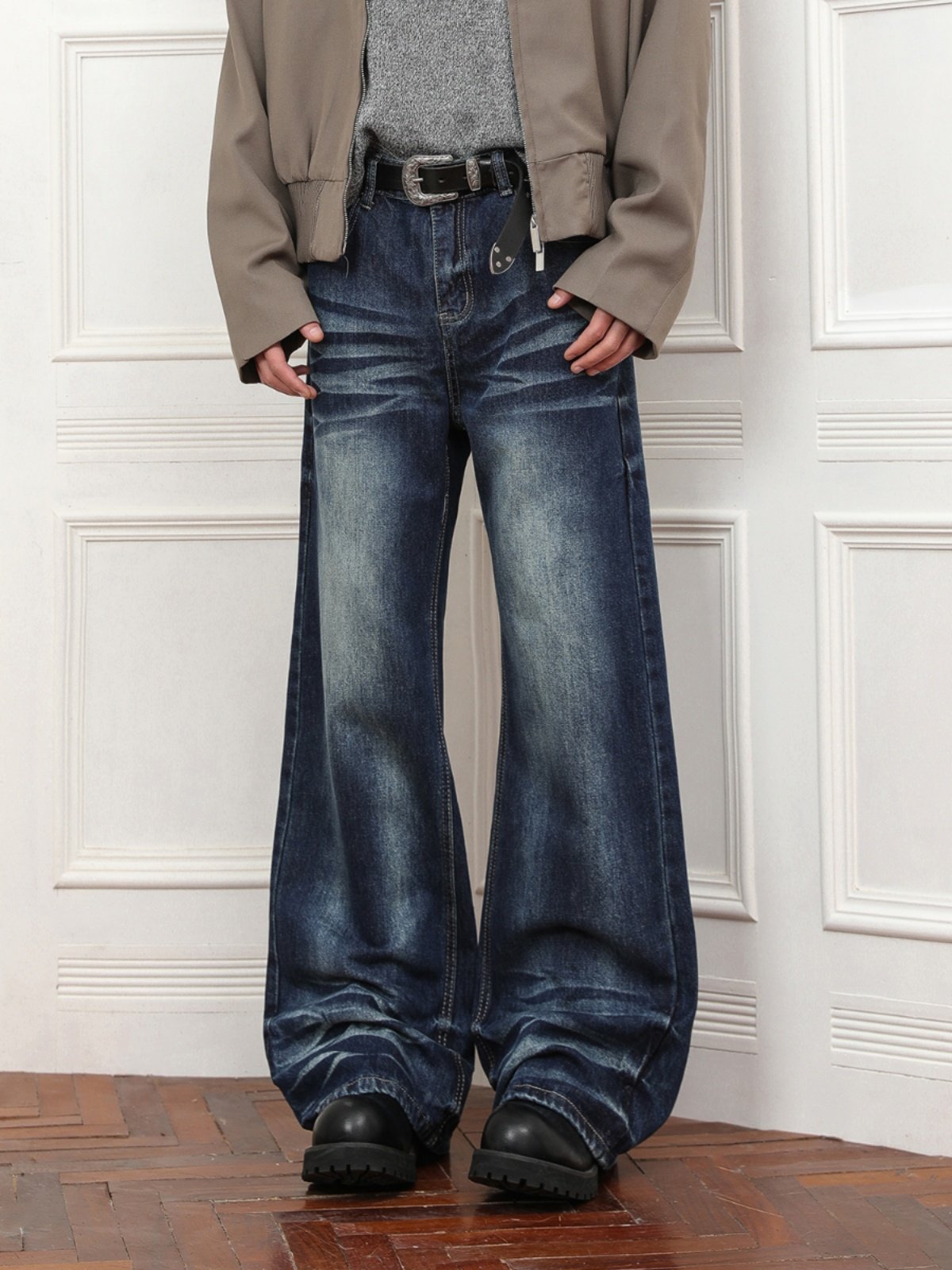 Focus Storm American Retro Washed Whiskered Micro-Flare Men's New Casual Niche Couple Mopping Jeans 51000# zx - Focus Storm