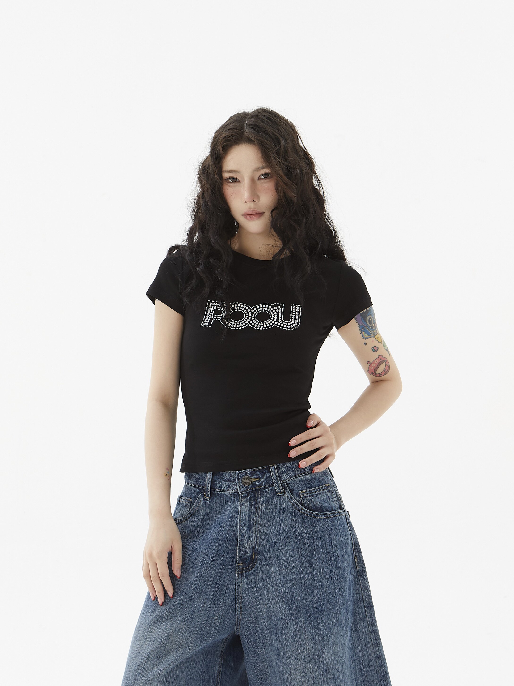 Focus Storm American Style Hot-fix Rhinestone Beaded Letter Slim Fit Women's Summer Slimming Spice Girl Top Short Sleeve T-Shirt 91085# zx - Focus Storm