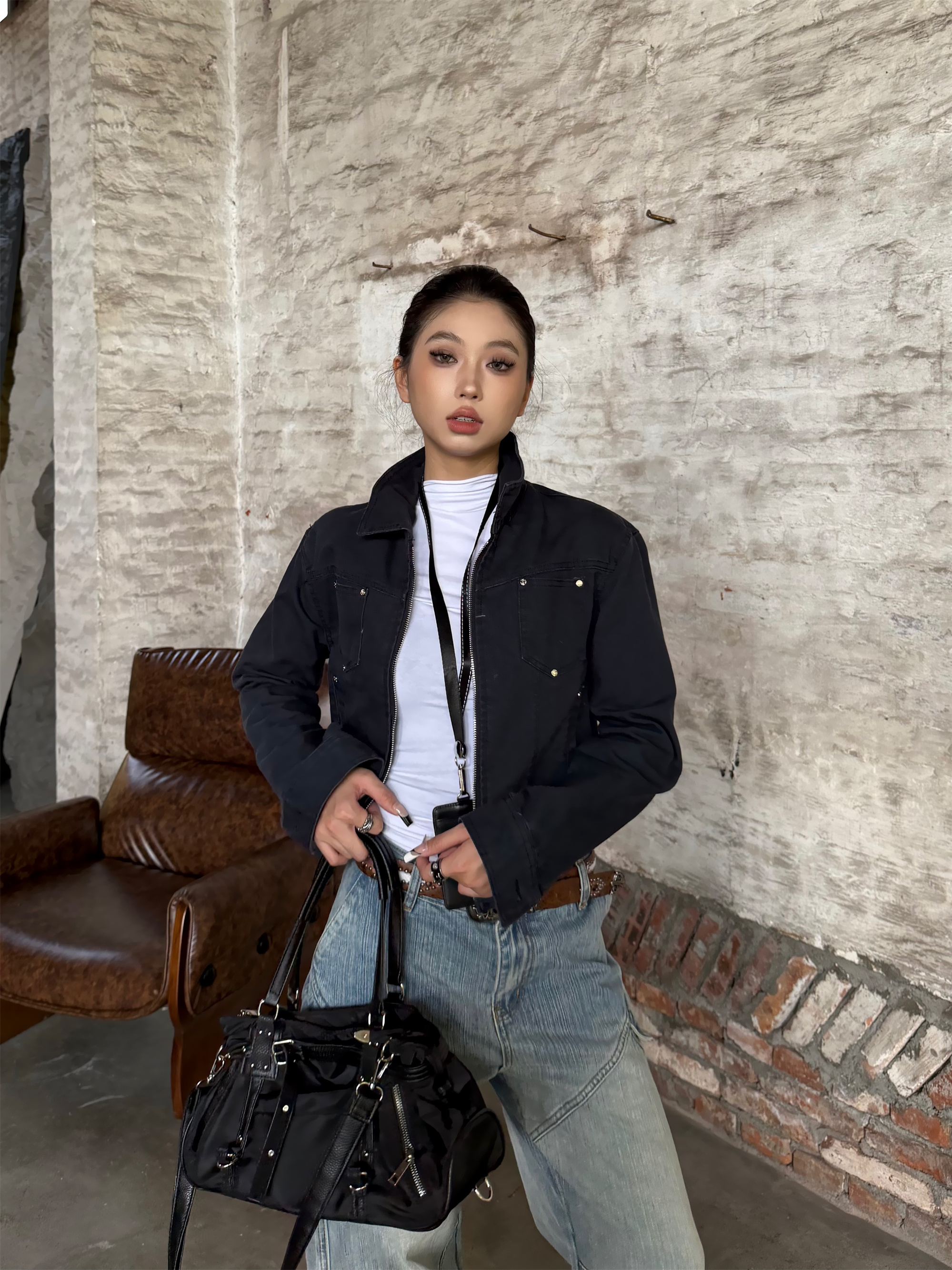 Focus Storm American Retro Spice Girl Cropped Jacket - Niche Design Denim Coat R7001-1# zx - Focus Storm