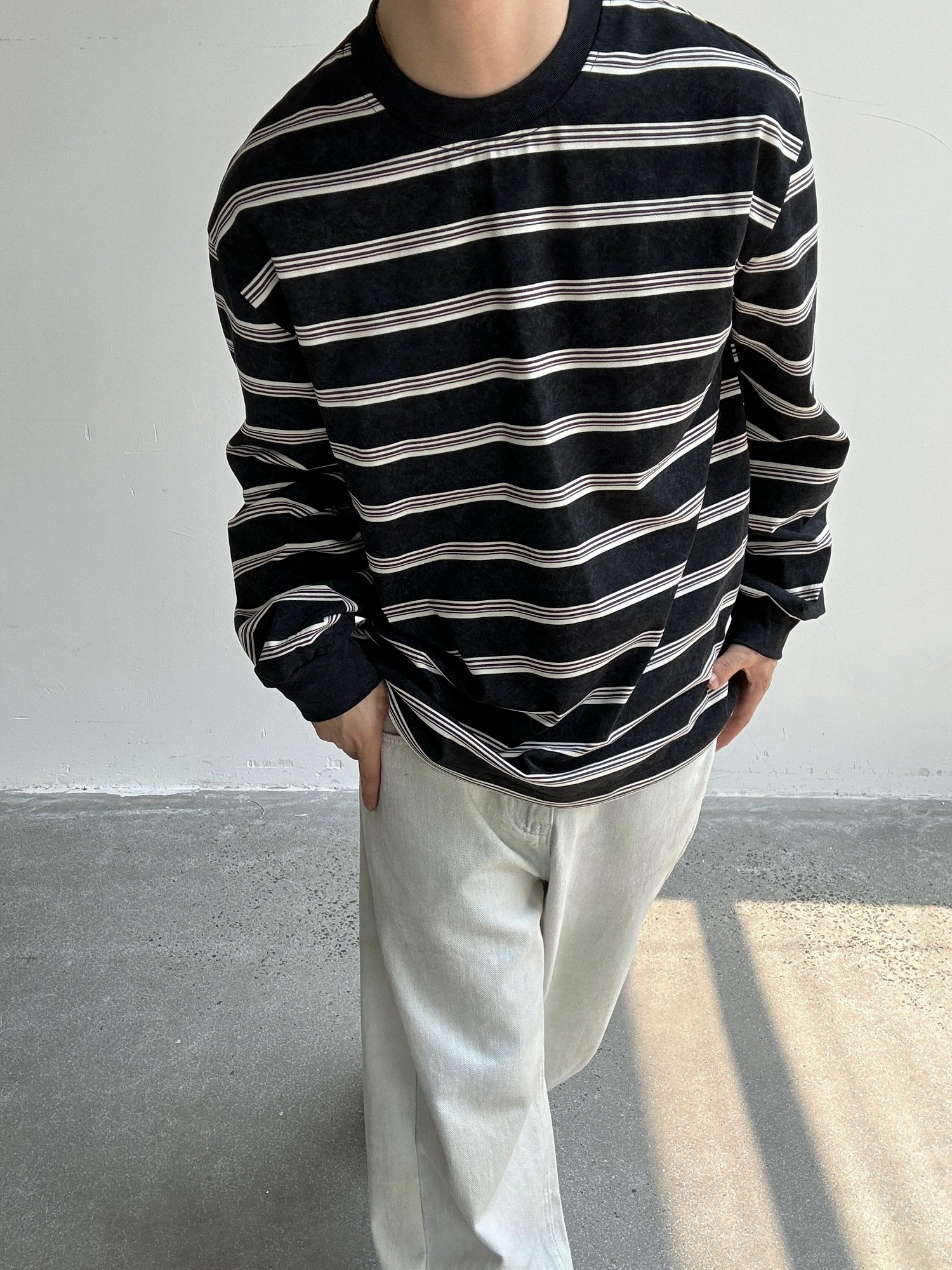 Early Spring 2026! Focus Storm Tie-Dye Distressed Striped Oversized Round Neck Loose Casual Long Sleeve T-Shirt 88023# zx - Focus Storm