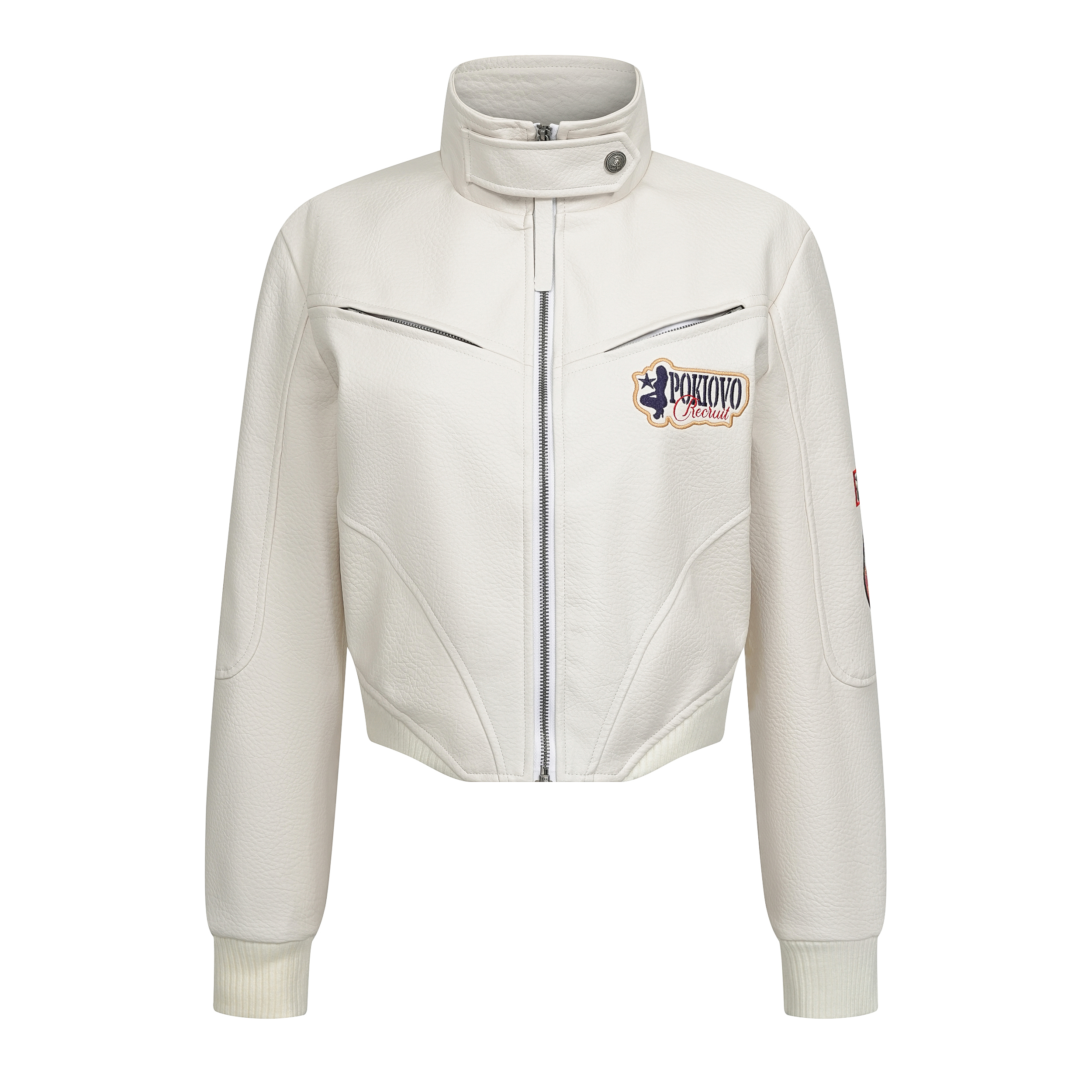 Focus Storm American Badge Stand Collar Biker Leather Jacket White Thickened Women's Autumn/Winter Short Padded Top 7008-1# zx - Focus Storm