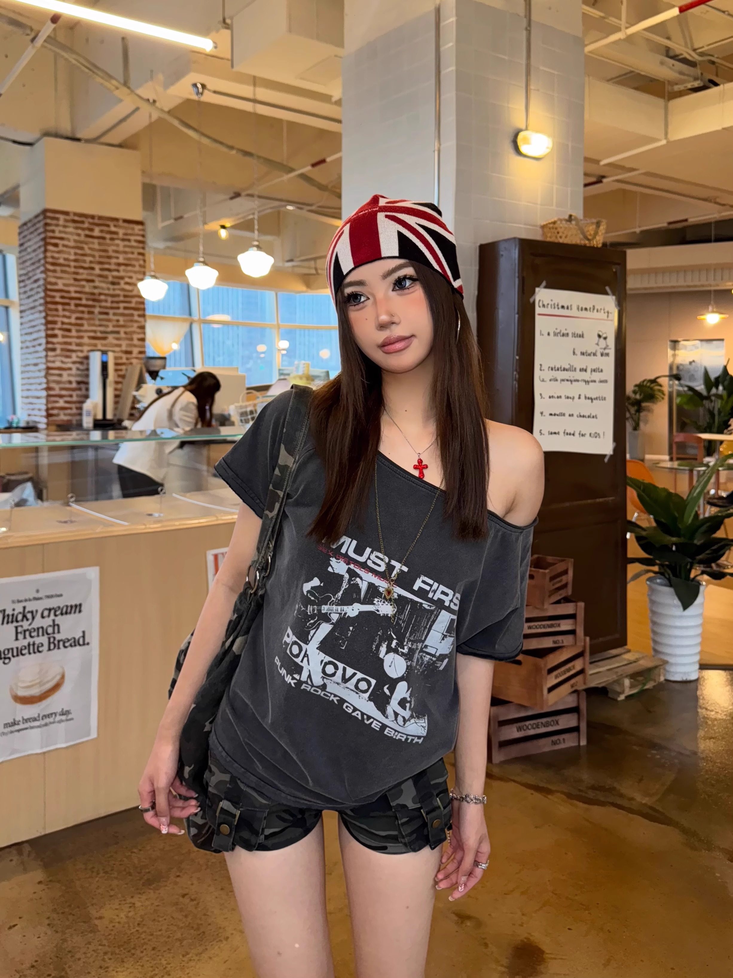 Focus Storm American Vintage Washed One-Shoulder Distressed Trendy Loose Slimming Versatile Women's Short Sleeve T-Shirt R9133# zx - Focus Storm