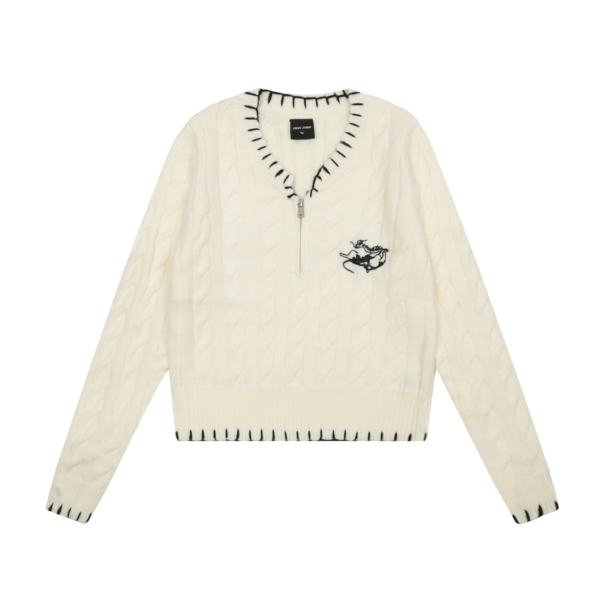 Focus Storm Embroidered Chunky V-Neck Knit Sweater for Women - Slim Fit, Chic & Cropped Style - 61022# zx - Focus Storm