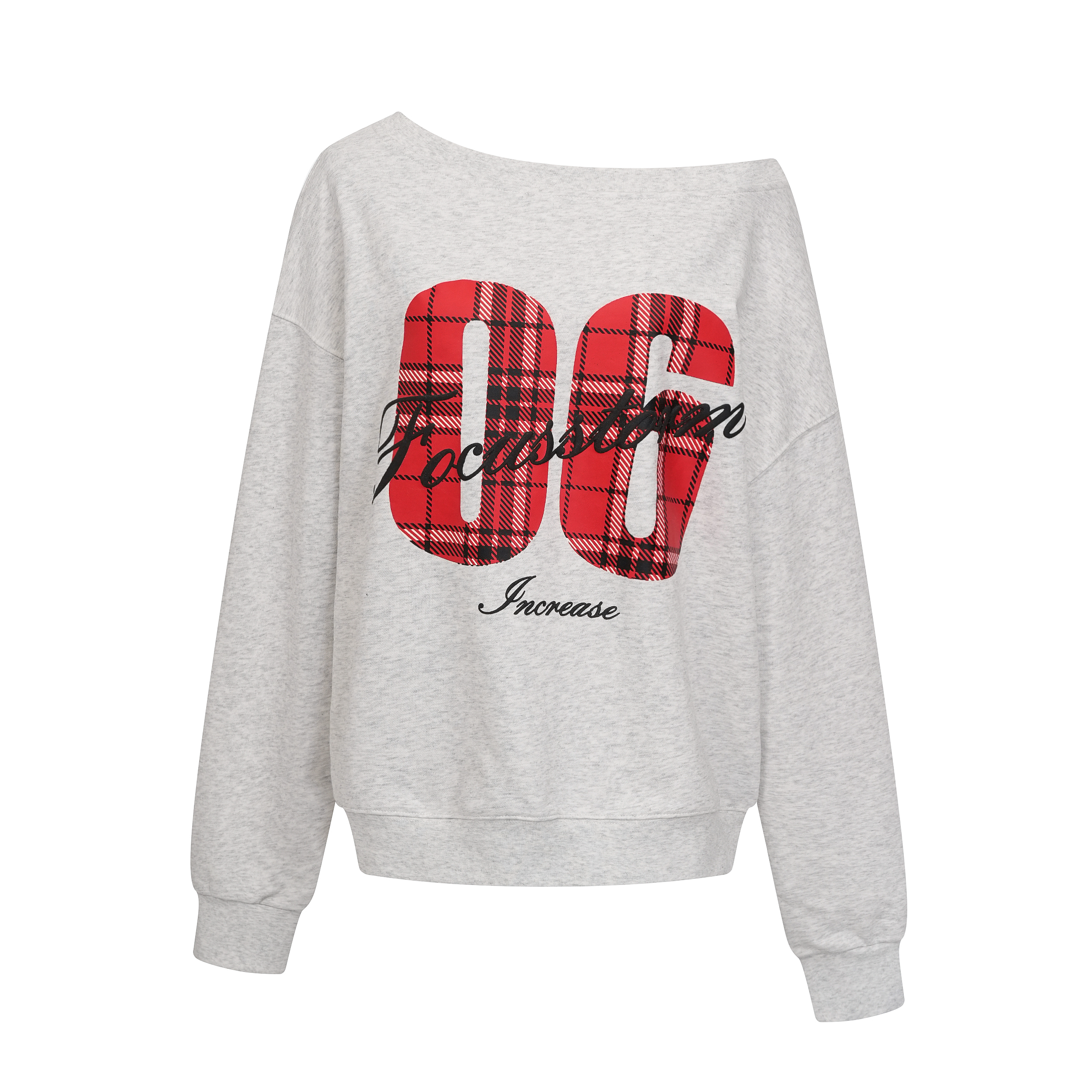 American Off-the-Shoulder Letter Print Sweatshirt Focus Storm Street Style Loose Lazy-Vibe Wide Neckline Sporty Sweatshirt R81000# zx - Focus Storm
