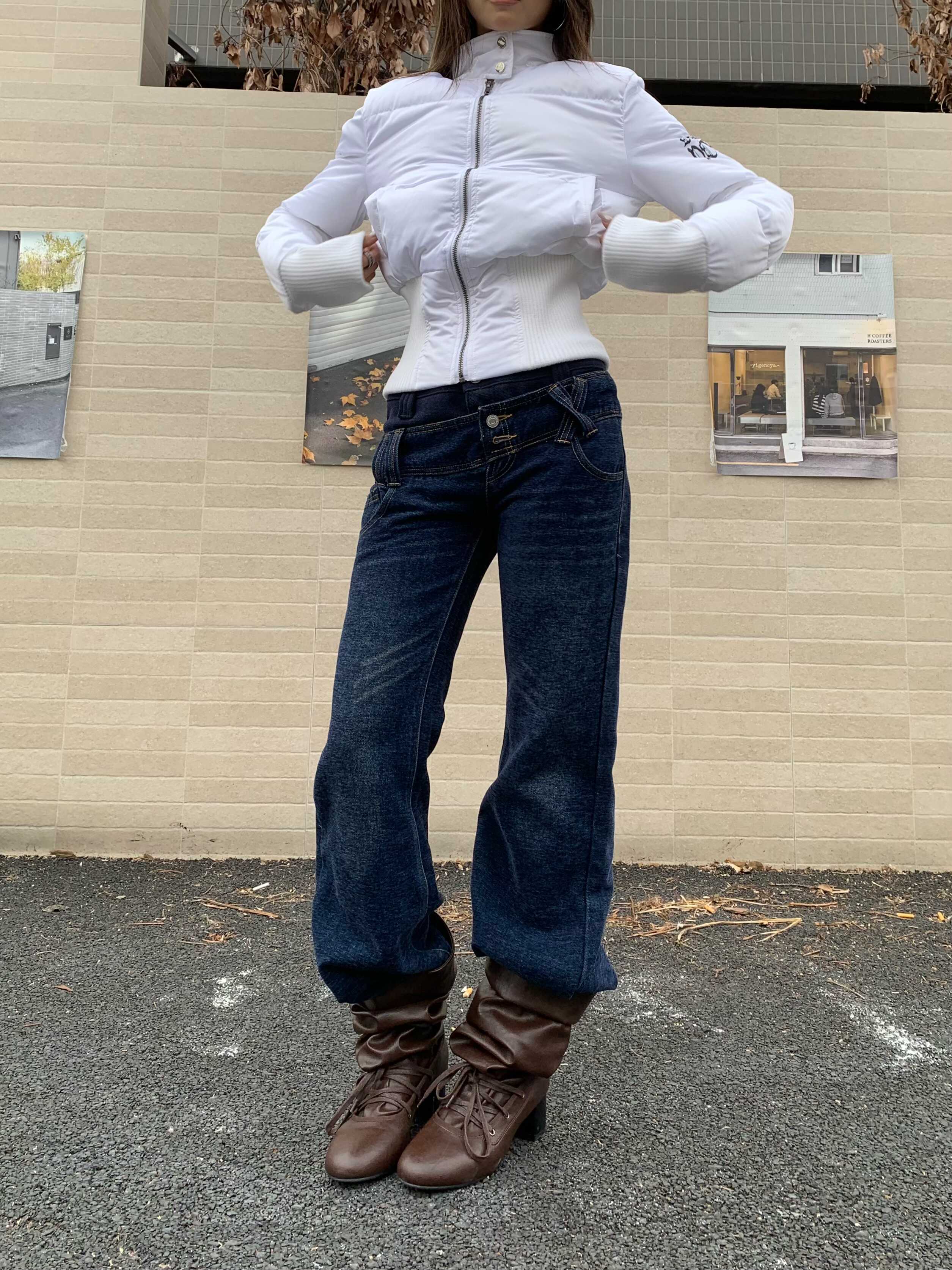 Focus Storm Low-Waist Double-Waistband Slim Fit Women's Autumn American Retro Straight Casual Denim Jeans R5035# zx - Focus Storm