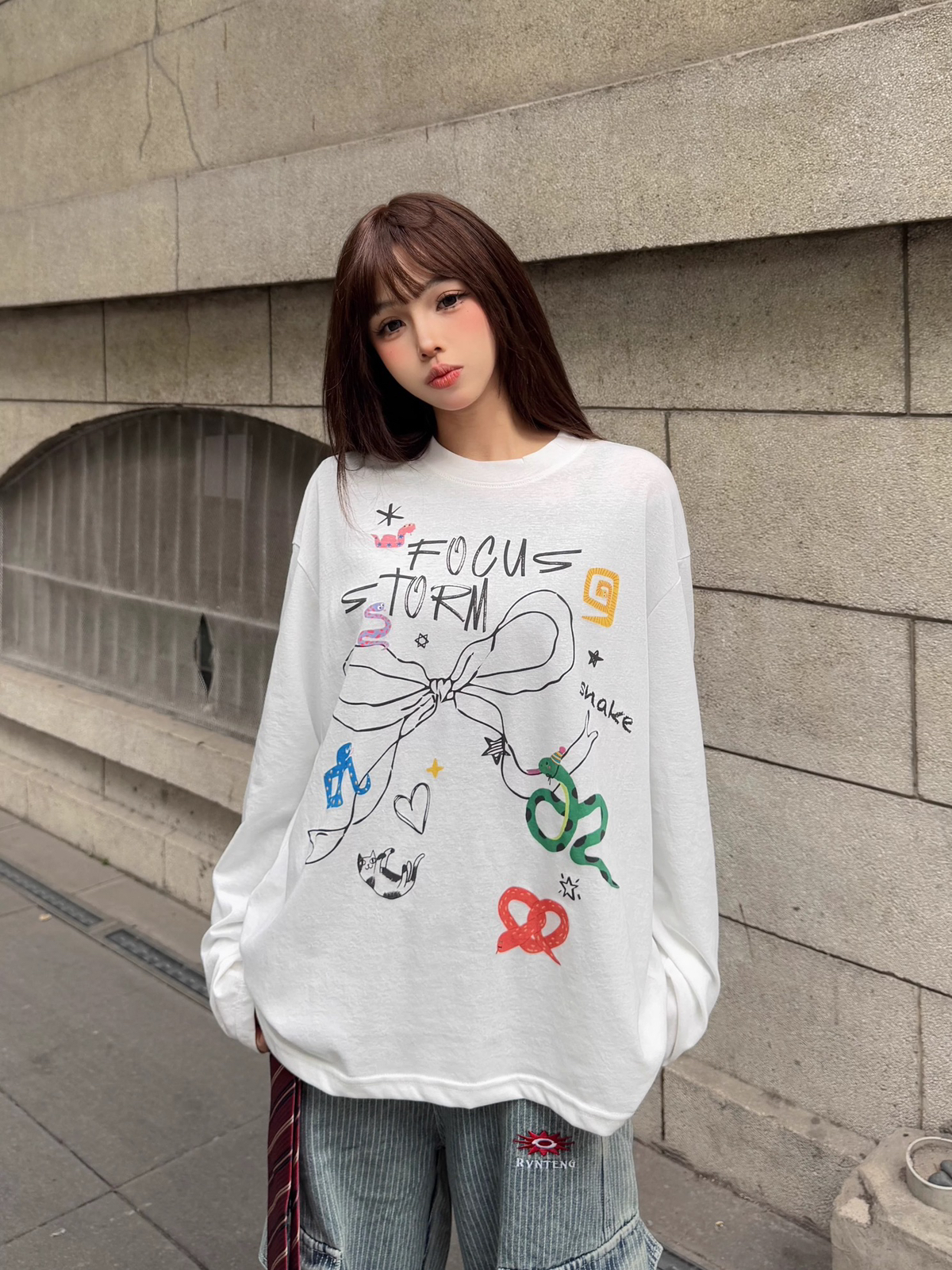 Focus Storm American Graffiti Round Neck Comfortable Fashion Long Sleeve T-Shirt 91012# zx - Focus Storm