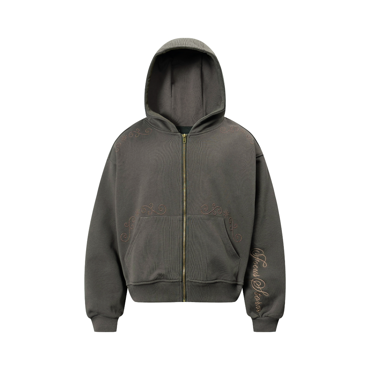 Focus Storm Original Streetwear Retro Washed Rhinestone Letter Spring Loose All-match Zip-up Hooded Sweatshirt Jacket 81063# zx - Focus Storm