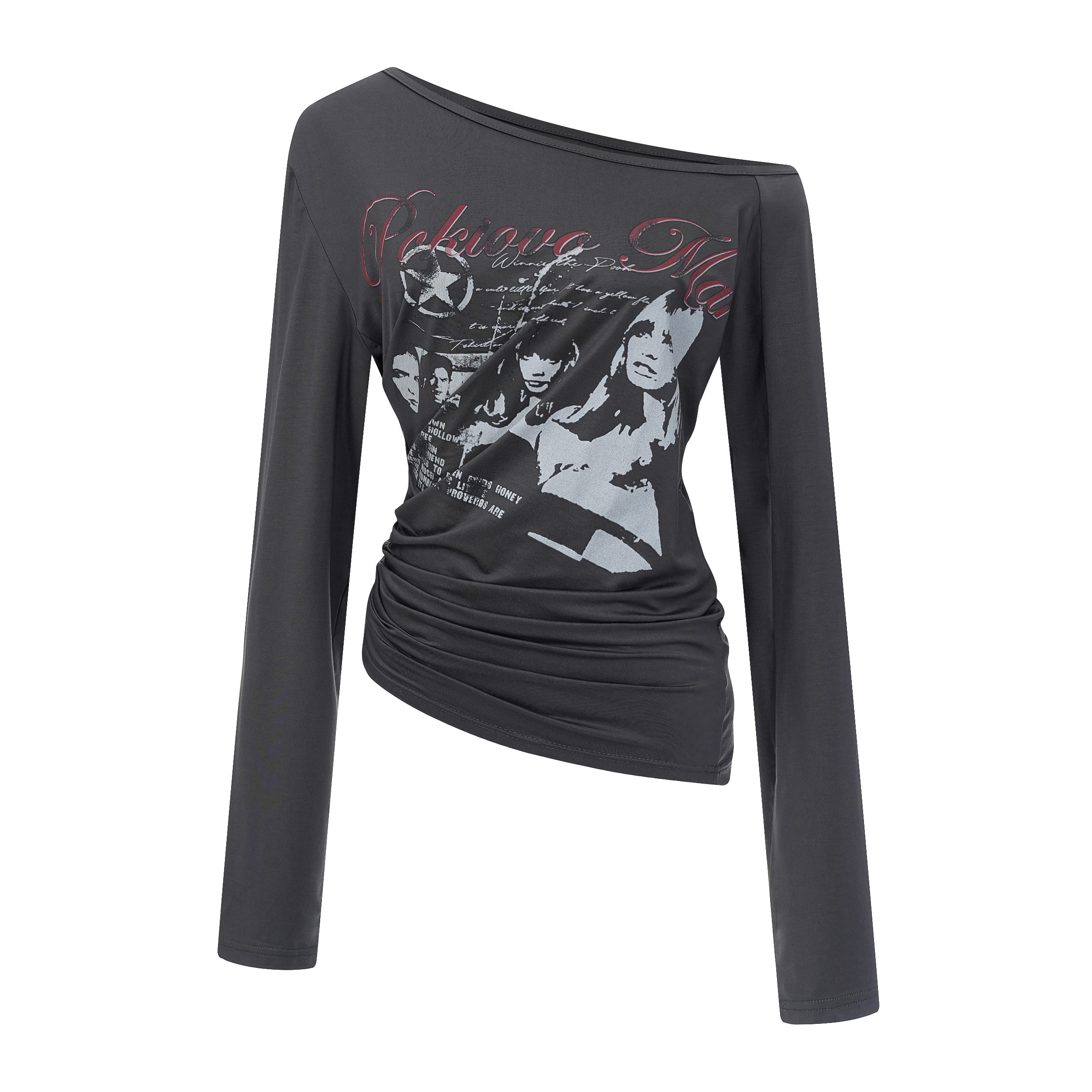 Focus Storm American Vintage Print Women's Autumn New Hot Girl Slimming One-Shoulder Top Long Sleeve T-Shirt R9165# zx - Focus Storm