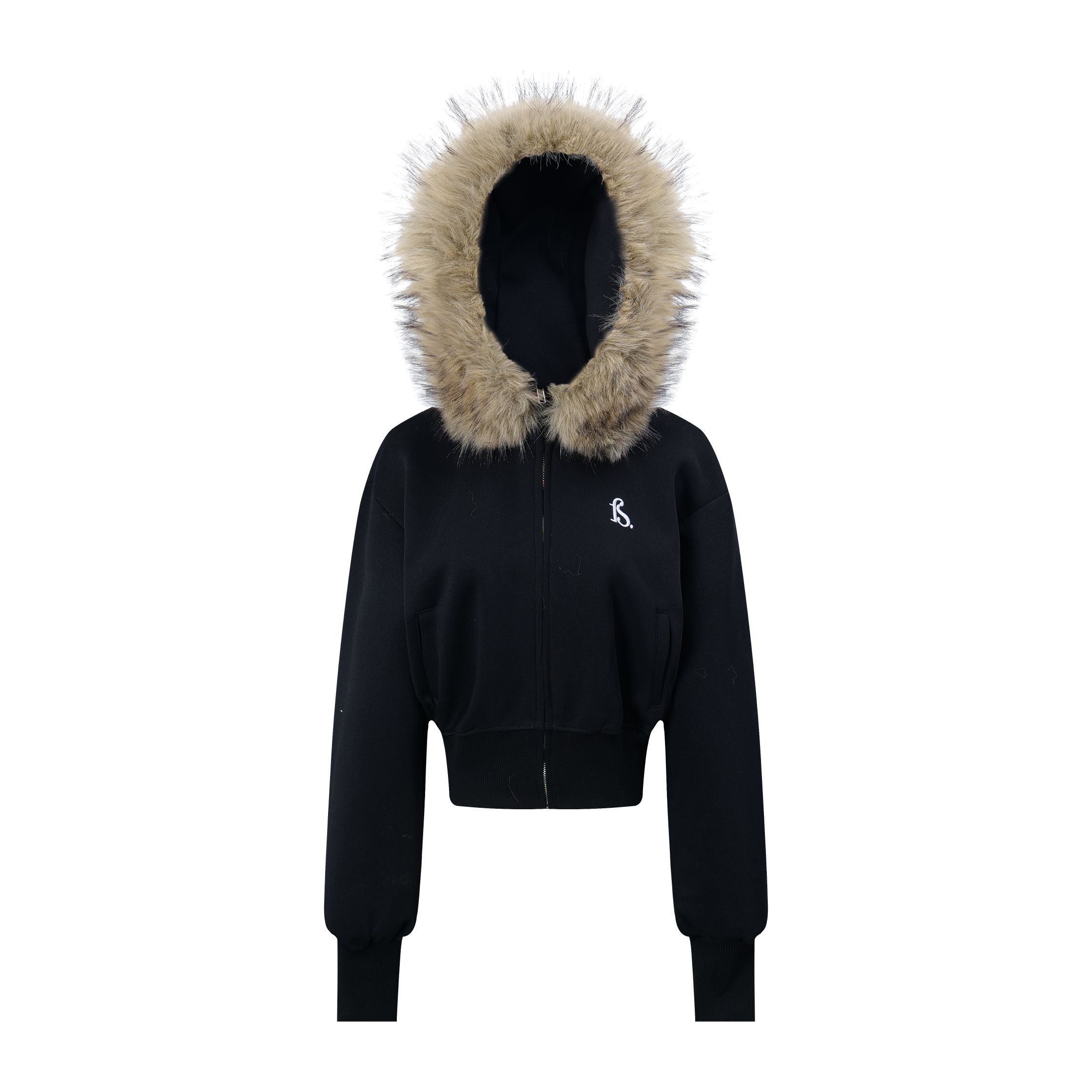 Focus Storm Letter Embroidered Hooded Zipper Sweatshirt Jacket (With Detachable Faux Mink Fur Collar) 81090# zx - Focus Storm