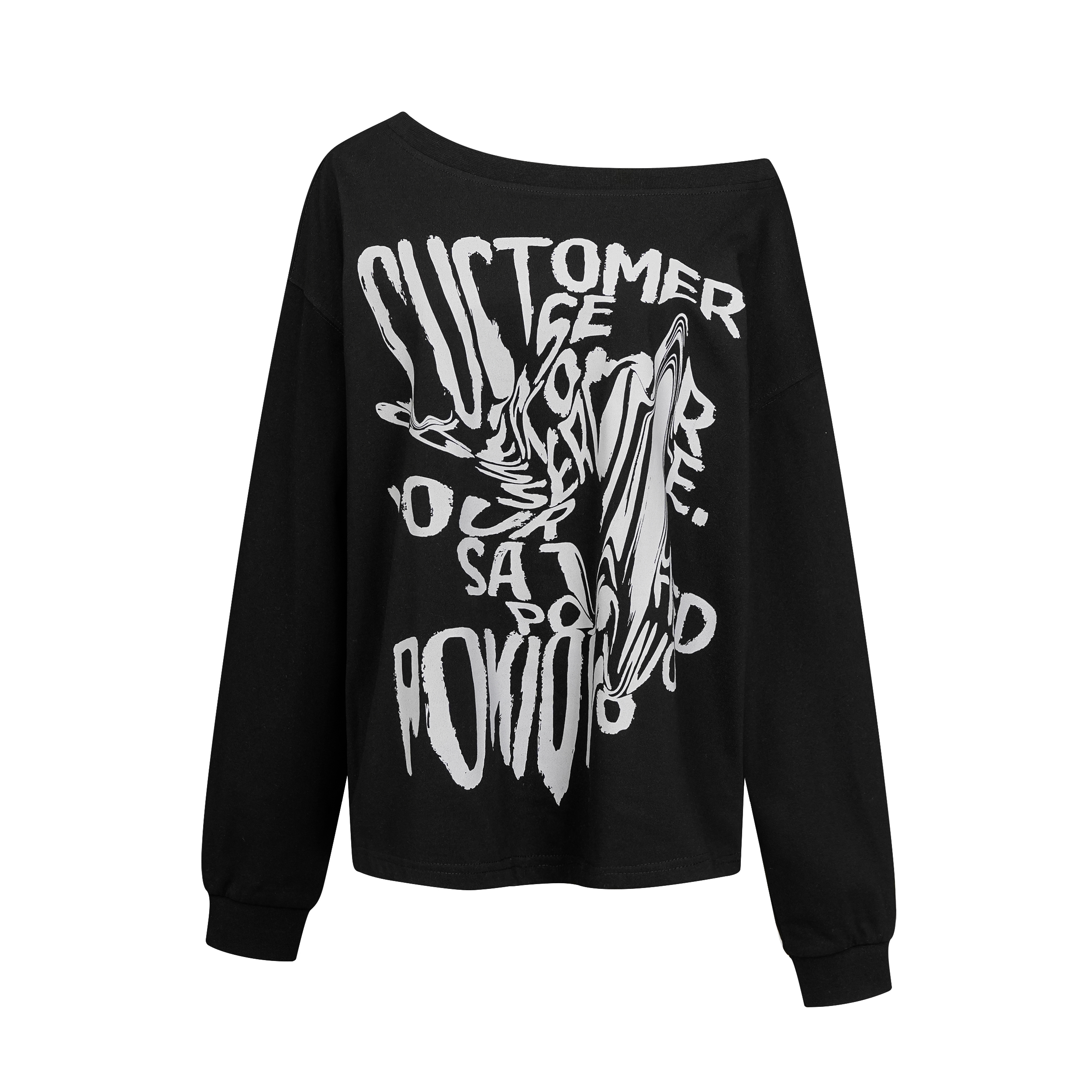 Focus Storm American Retro Letter Print One-Shoulder Sweatshirt Women's Loose Design Slimming Pullover Top Long Sleeve T-Shirt R8038# zx - Focus Storm