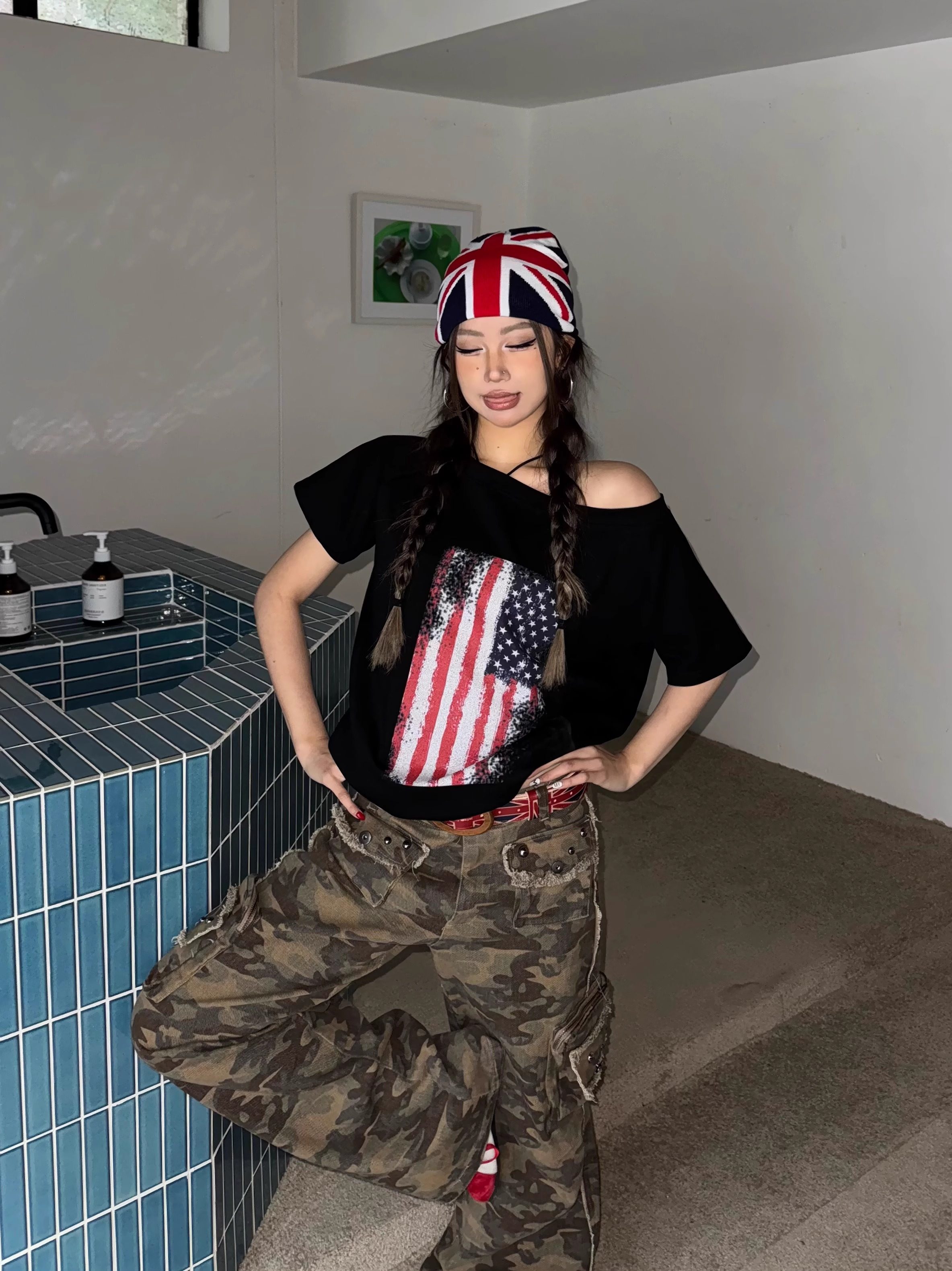 Spring 2026! Focus Storm American Aesthetic Hot Girl Flag Print Loose Off-Shoulder Versatile Lazy Style Short Sleeve T-Shirt R9015# zx - Focus Storm